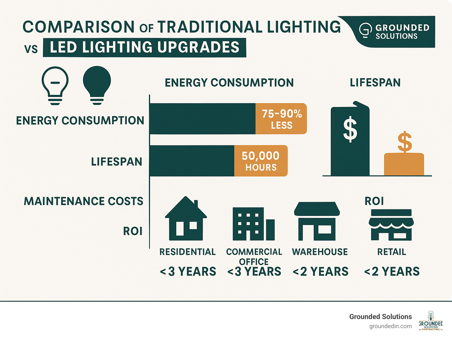 Comparison of traditional lighting vs LED lighting upgrades showing energy consumption, lifespan, maintenance costs, and ROI with specific data points for different building types including residential, commercial office, warehouse, and retail settings - LED lighting upgrades infographic 
