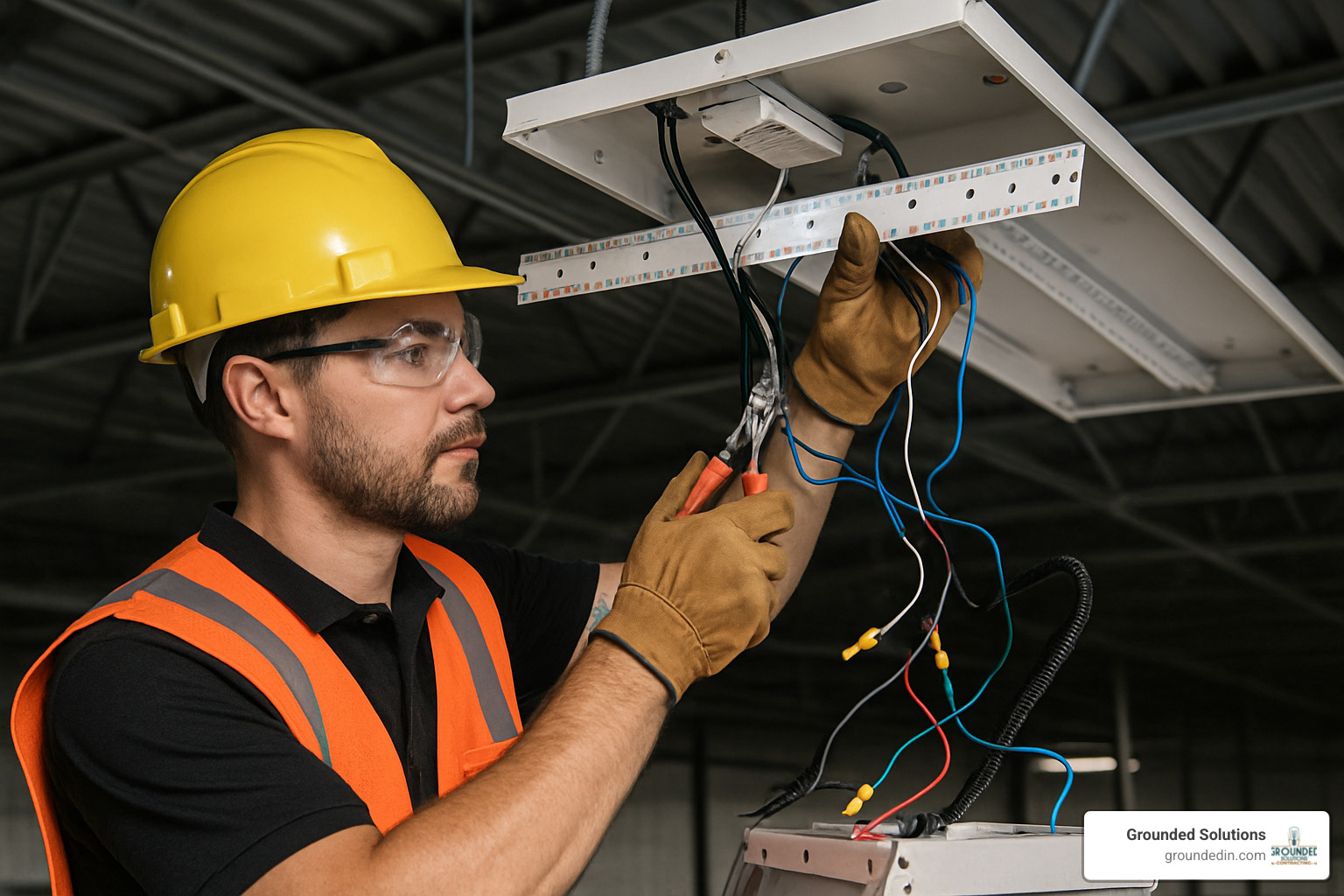 LED lighting installation in progress showing retrofit kit installation - LED lighting upgrades