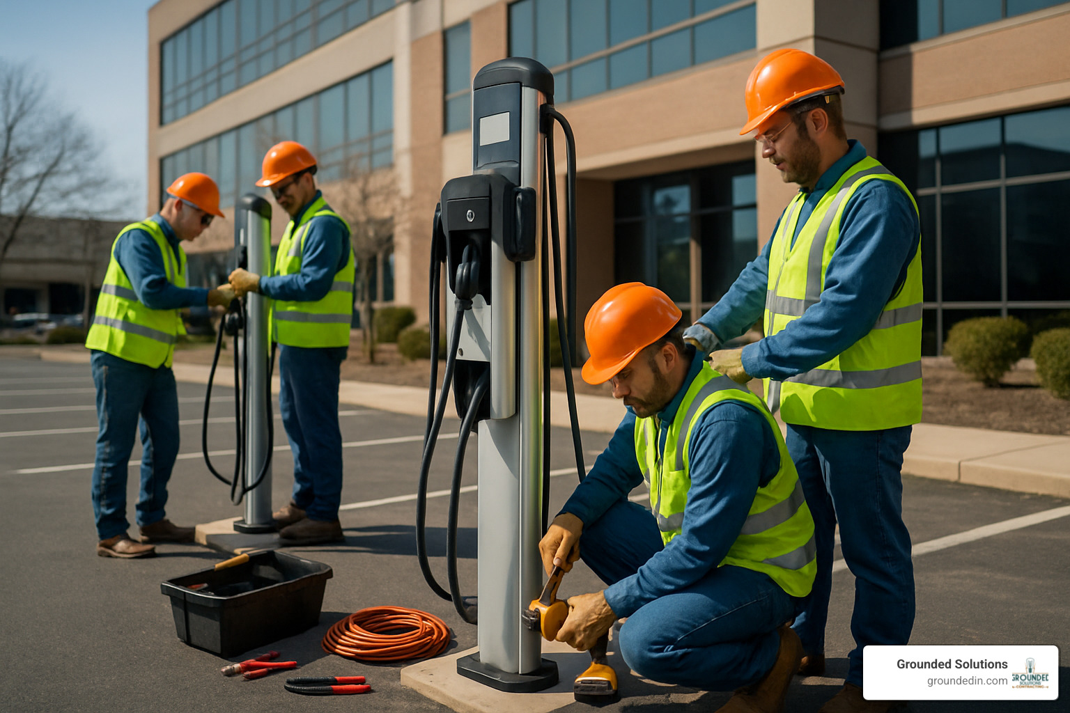 electricians mounting EV charging pedestals - Commercial electric vehicle charging