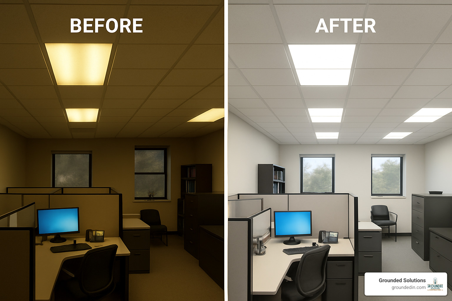 LED lighting upgrade before and after comparison in office setting - LED lighting upgrades