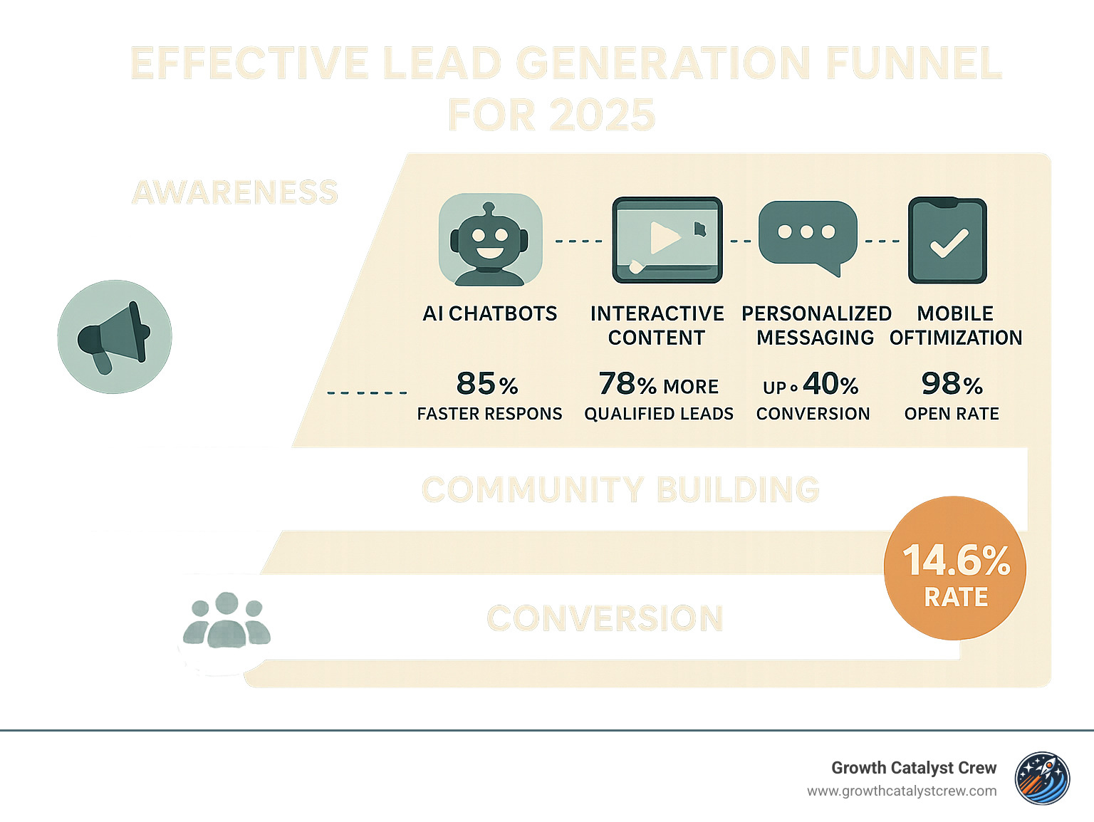Funnel infographic outlining 2025 lead-gen journey from awareness to conversion