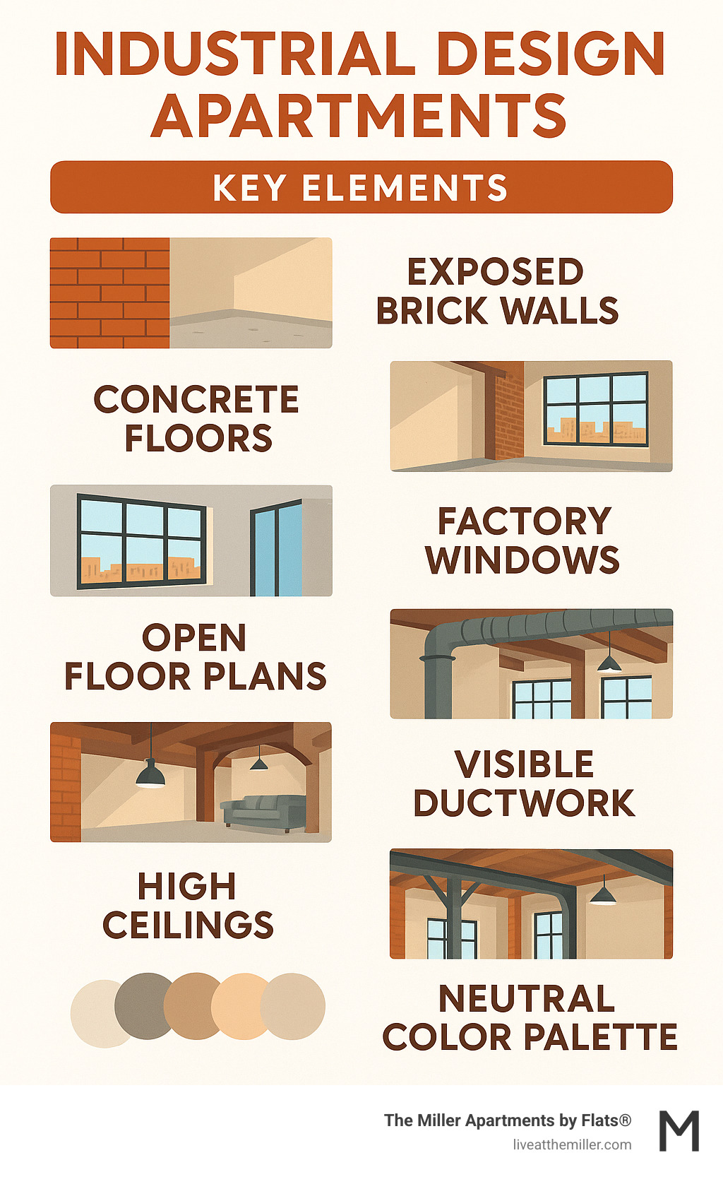 Key elements of industrial design apartments showing exposed brick walls, concrete floors, factory windows, open floor plans, visible ductwork, high ceilings, metal fixtures, and neutral color palette with examples of each element and common materials used - Industrial design apartments infographic 