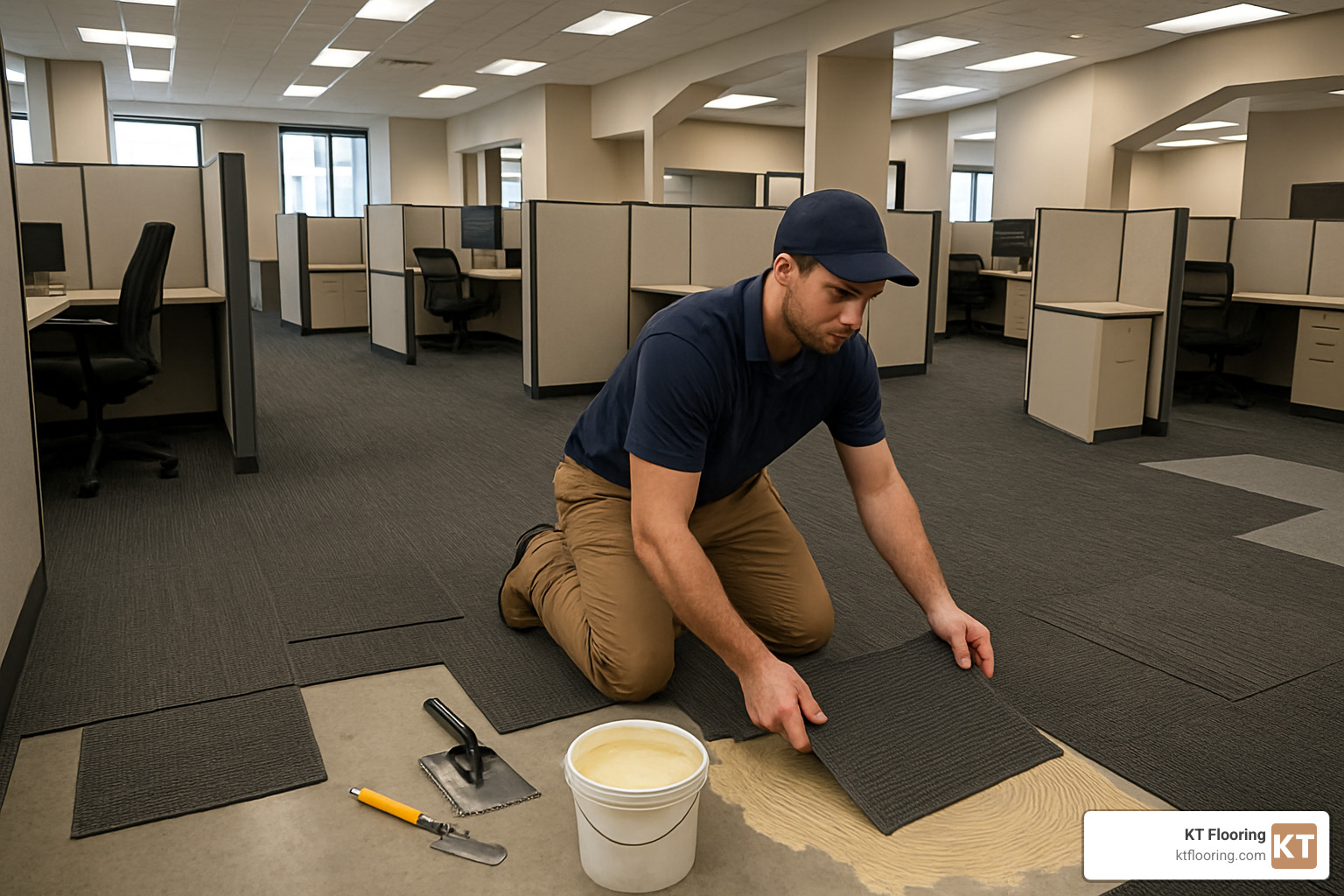 Commercial carpet being installed in a complex office layout - commercial carpet installation cost