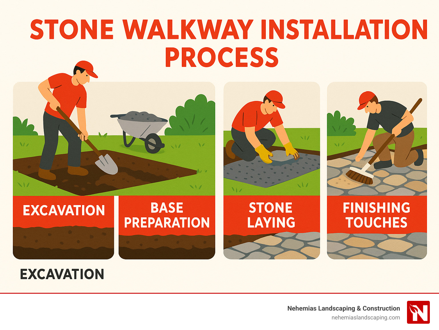 Stone walkway installation process showing excavation, base preparation, stone laying, and finishing touches in a step-by-step format - stone walkway installation near me infographic 