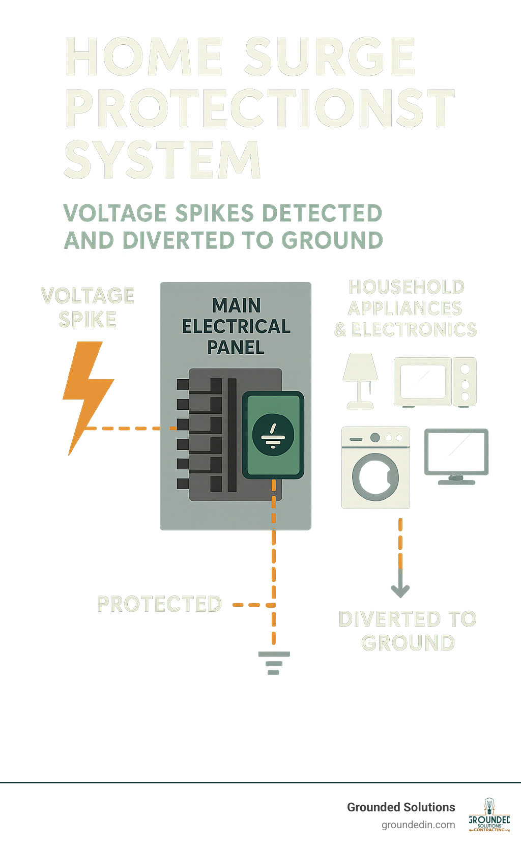 Home surge protection system diagram showing how voltage spikes are detected at the main electrical panel and diverted to ground before reaching household appliances and electronics - Home surge protection system infographic 