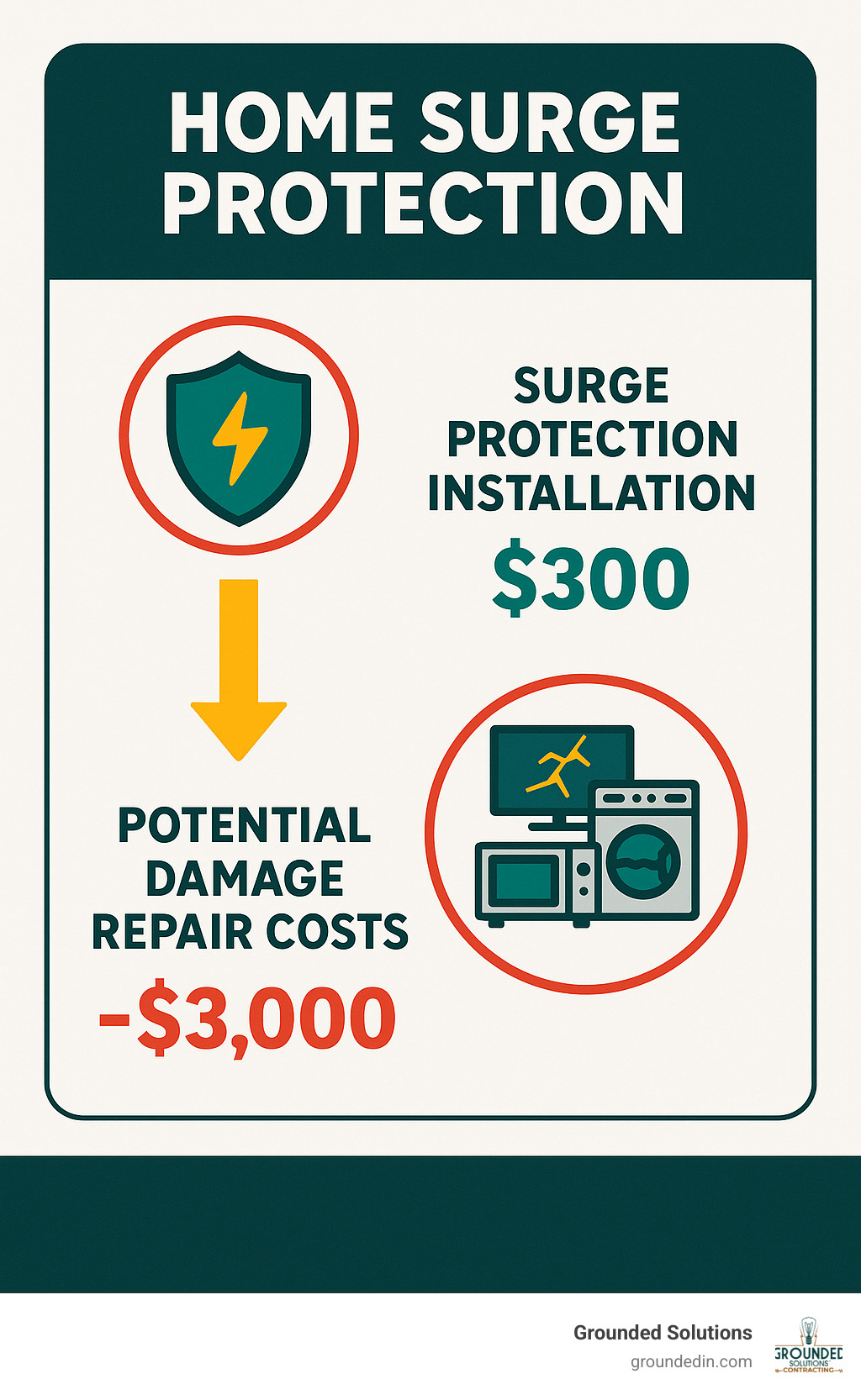 Infographic showing the cost comparison between surge protection installation and potential damage repair costs for home electronics and appliances - Home surge protection system infographic 