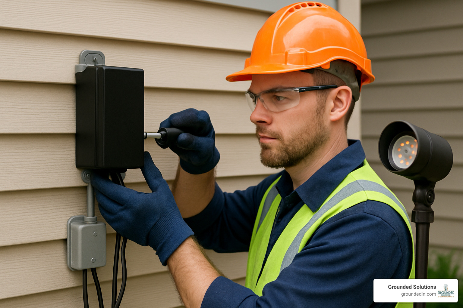 professional electrician installing outdoor lighting transformer - energy efficient outdoor lighting