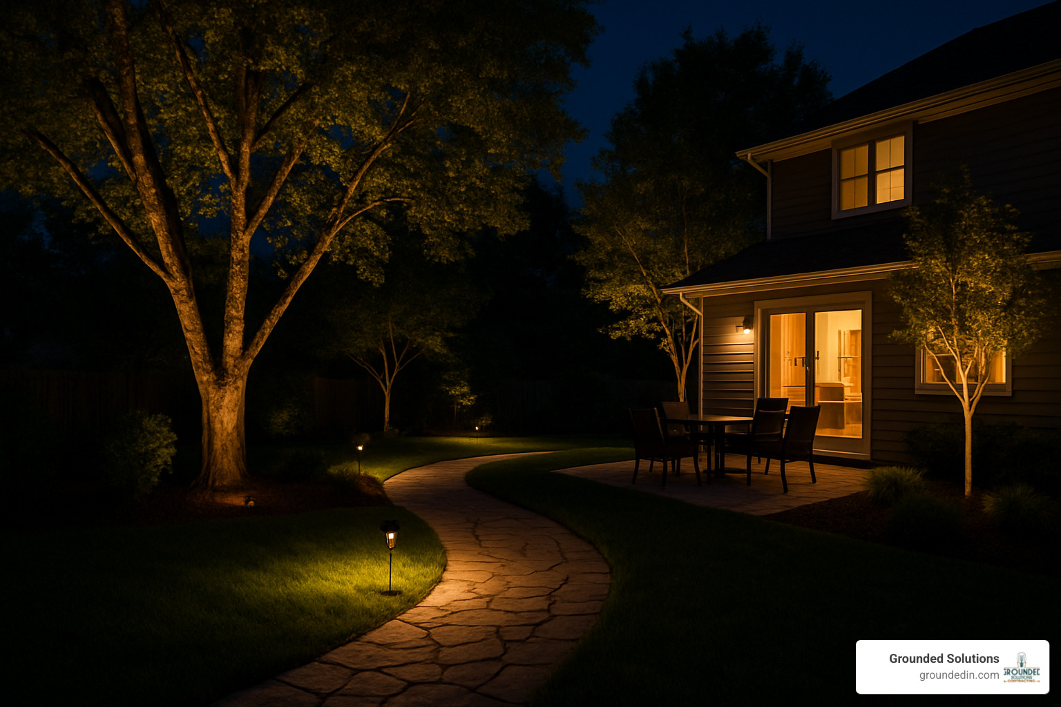 landscape lighting design showing uplighting on trees and pathway lighting - energy efficient outdoor lighting