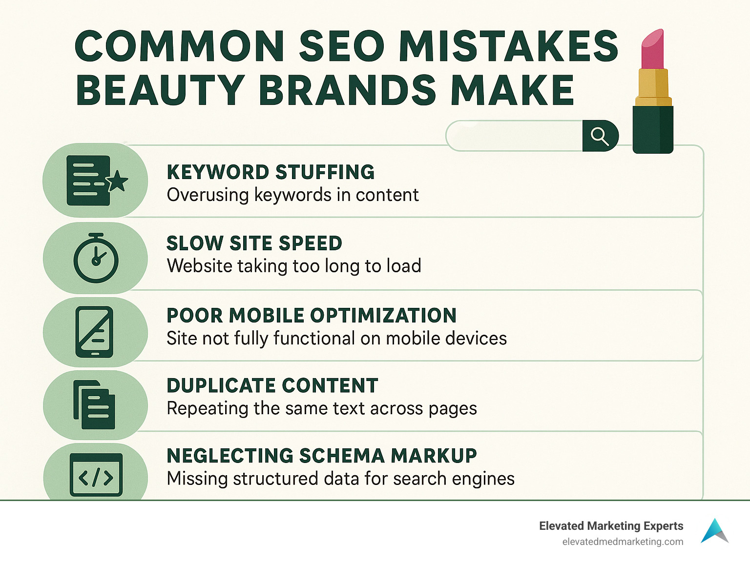 Infographic showing common SEO mistakes beauty brands make including keyword stuffing, slow site speed, poor mobile optimization, duplicate content, and neglecting schema markup - cosmetics seo infographic
