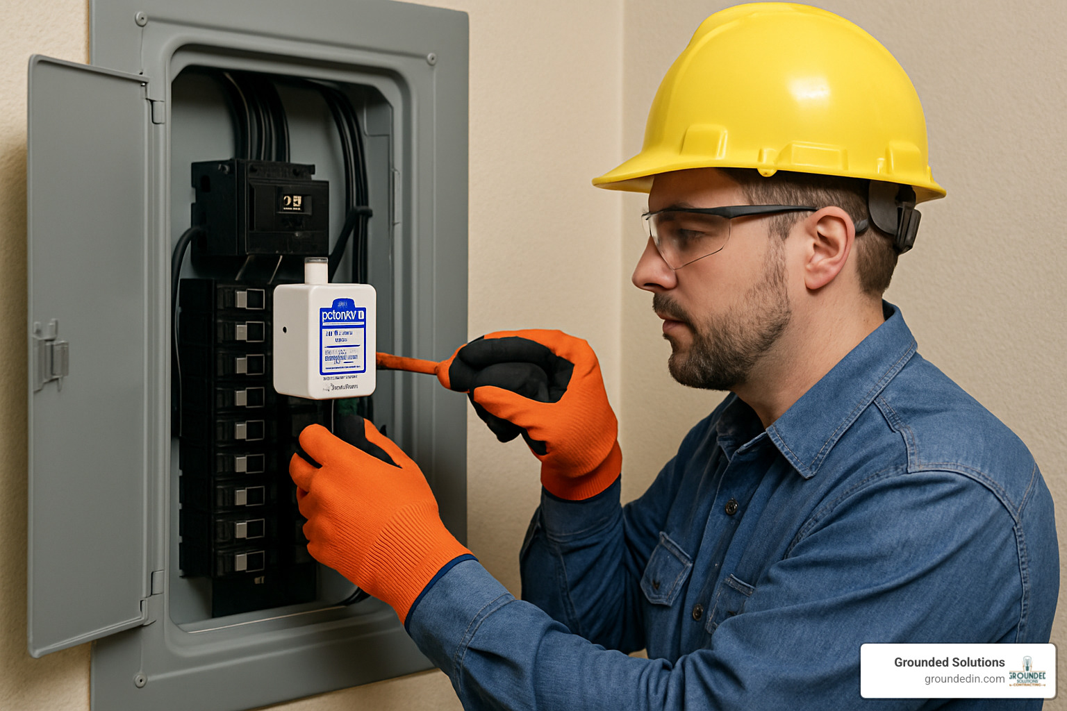 electrician installing SPD - Home surge protection system