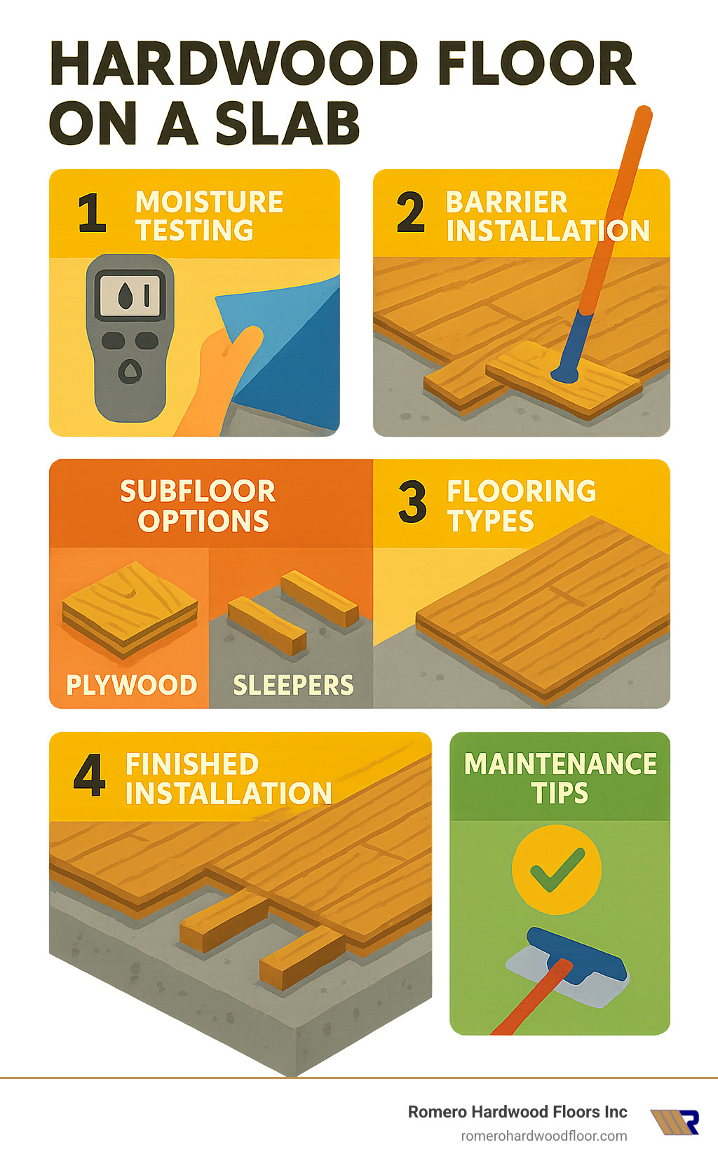 Diagram showing the complete process of installing hardwood flooring on concrete, including moisture testing, barrier installation, subfloor options, flooring types, and finished installation with maintenance tips - hardwood floor on a slab infographic 