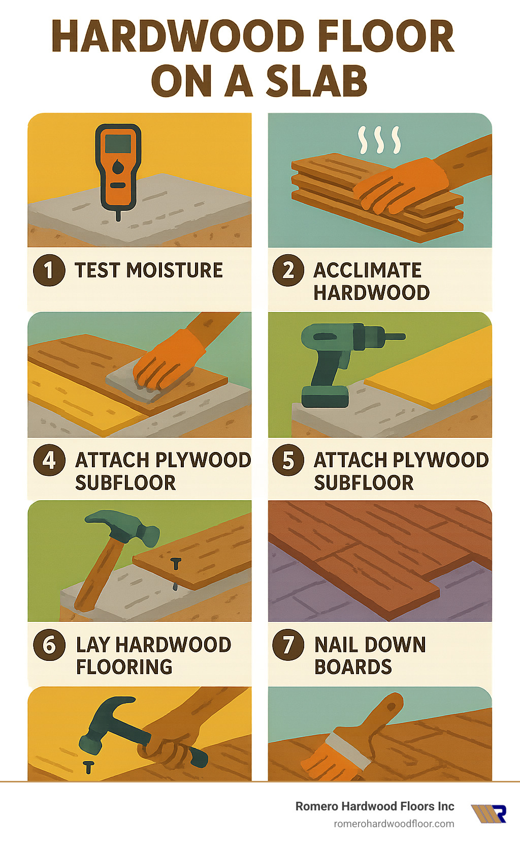 Step-by-step visual guide showing the 8 key phases of hardwood installation on concrete from preparation to finishing - hardwood floor on a slab infographic 