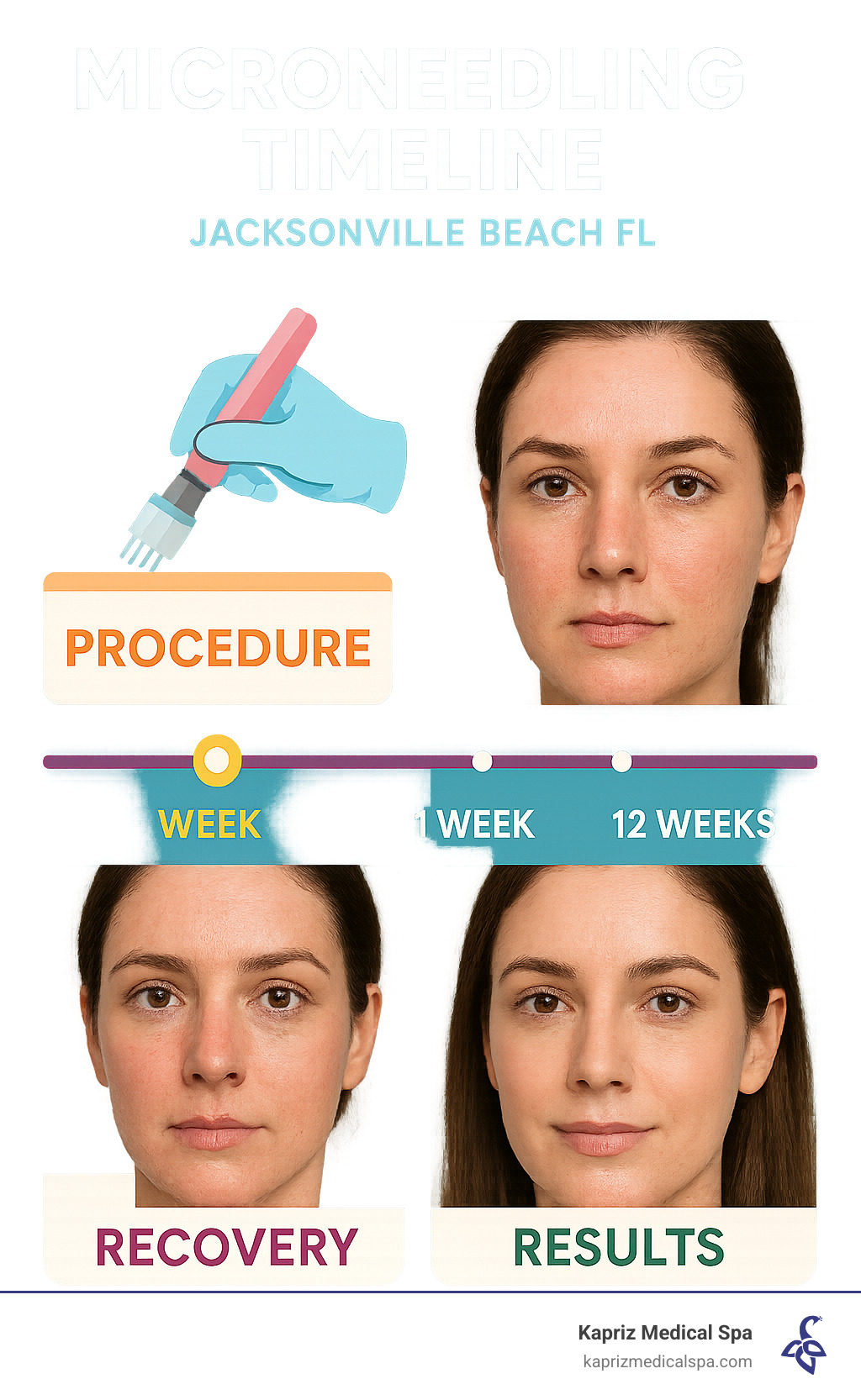 Microneedling timeline showing procedure, recovery, and results over 12 weeks with before/after images, showing initial redness followed by progressive improvement in skin texture and tone - microneedling jacksonville beach fl infographic 