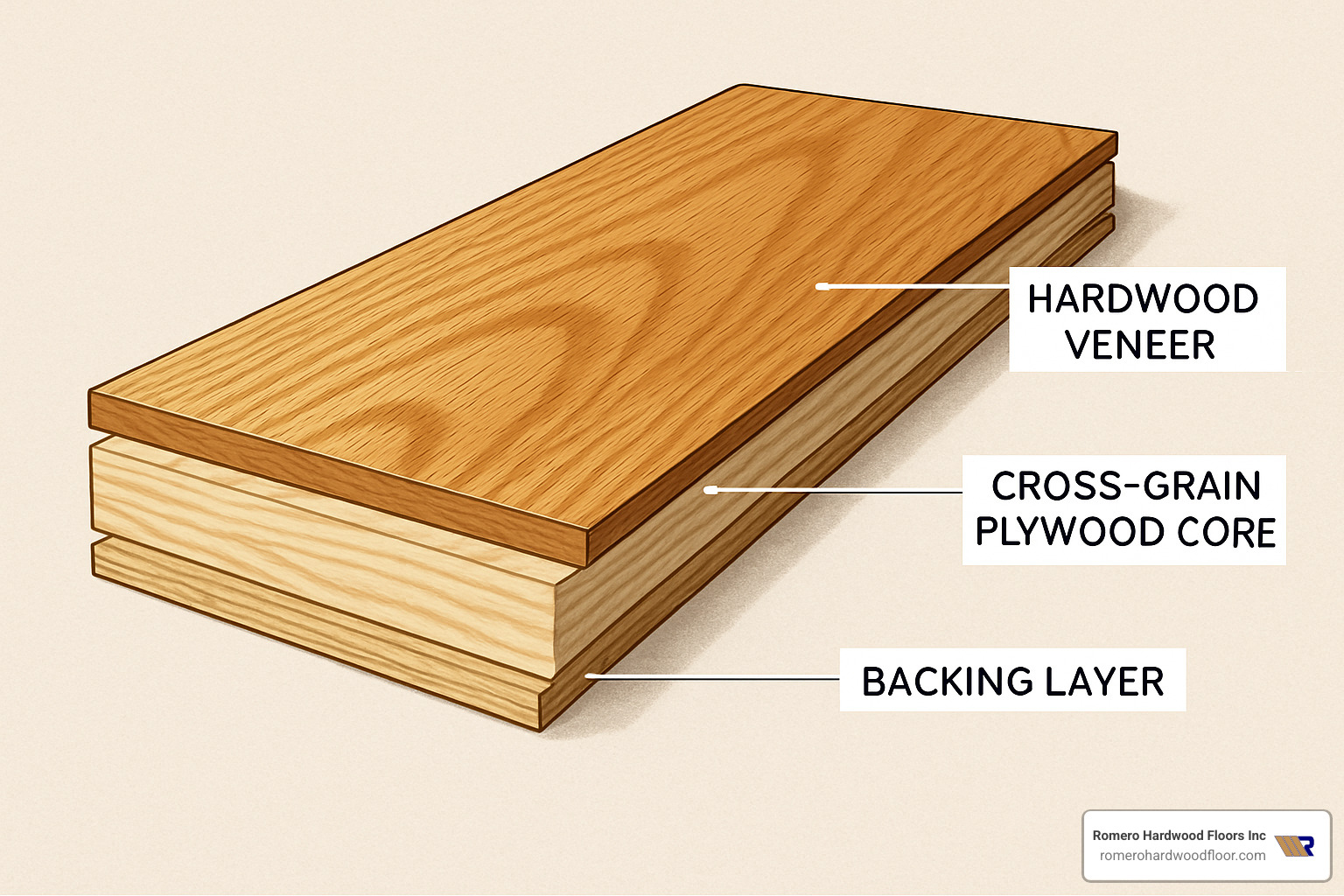 cross-section of engineered hardwood showing layers - hardwood floor on a slab