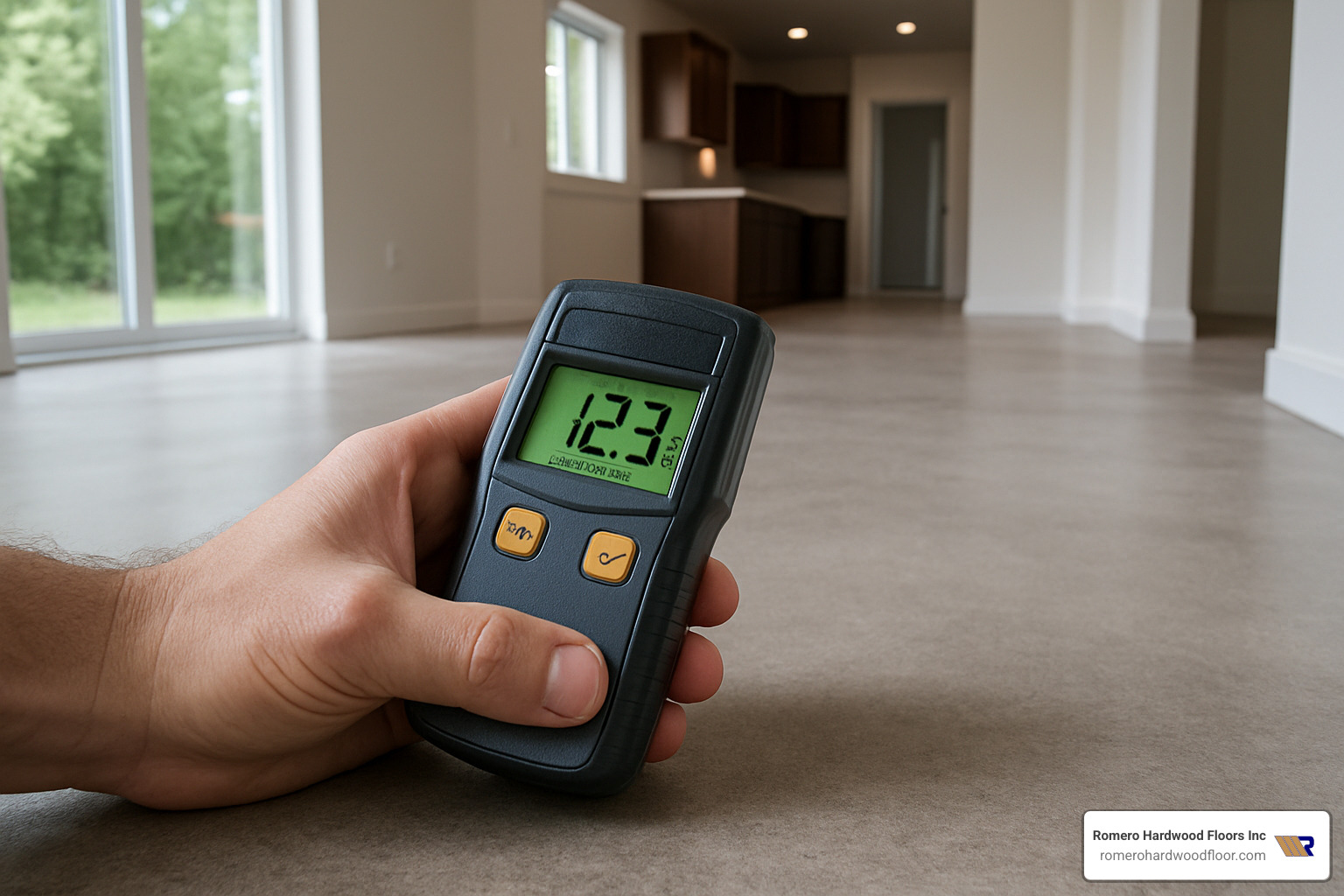 moisture meter being used on concrete slab - hardwood floor on a slab