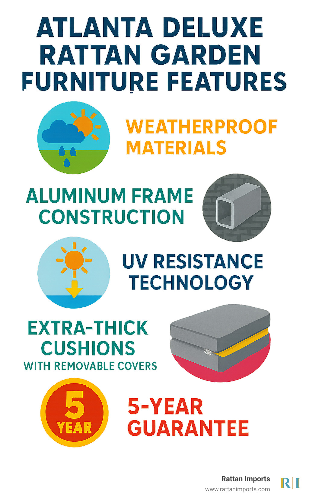 Atlanta Deluxe Rattan Garden Furniture Features showing weatherproof materials, aluminum frame construction, UV resistance technology, extra-thick cushions with removable covers, and 5-year guarantee - atlanta deluxe rattan garden furniture infographic 
