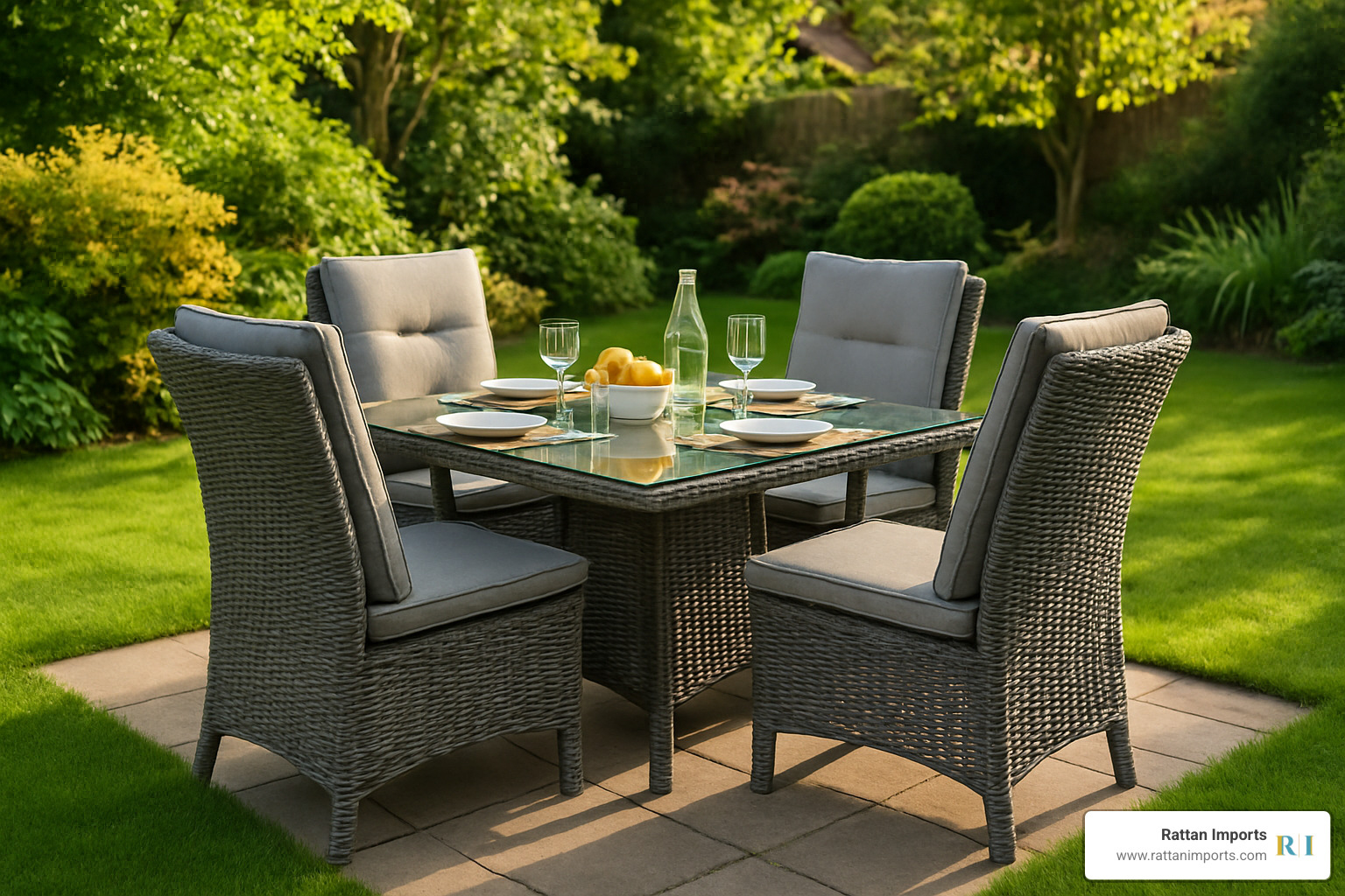 Atlanta Square 4-Seat Dining Set in garden setting - atlanta deluxe rattan garden furniture