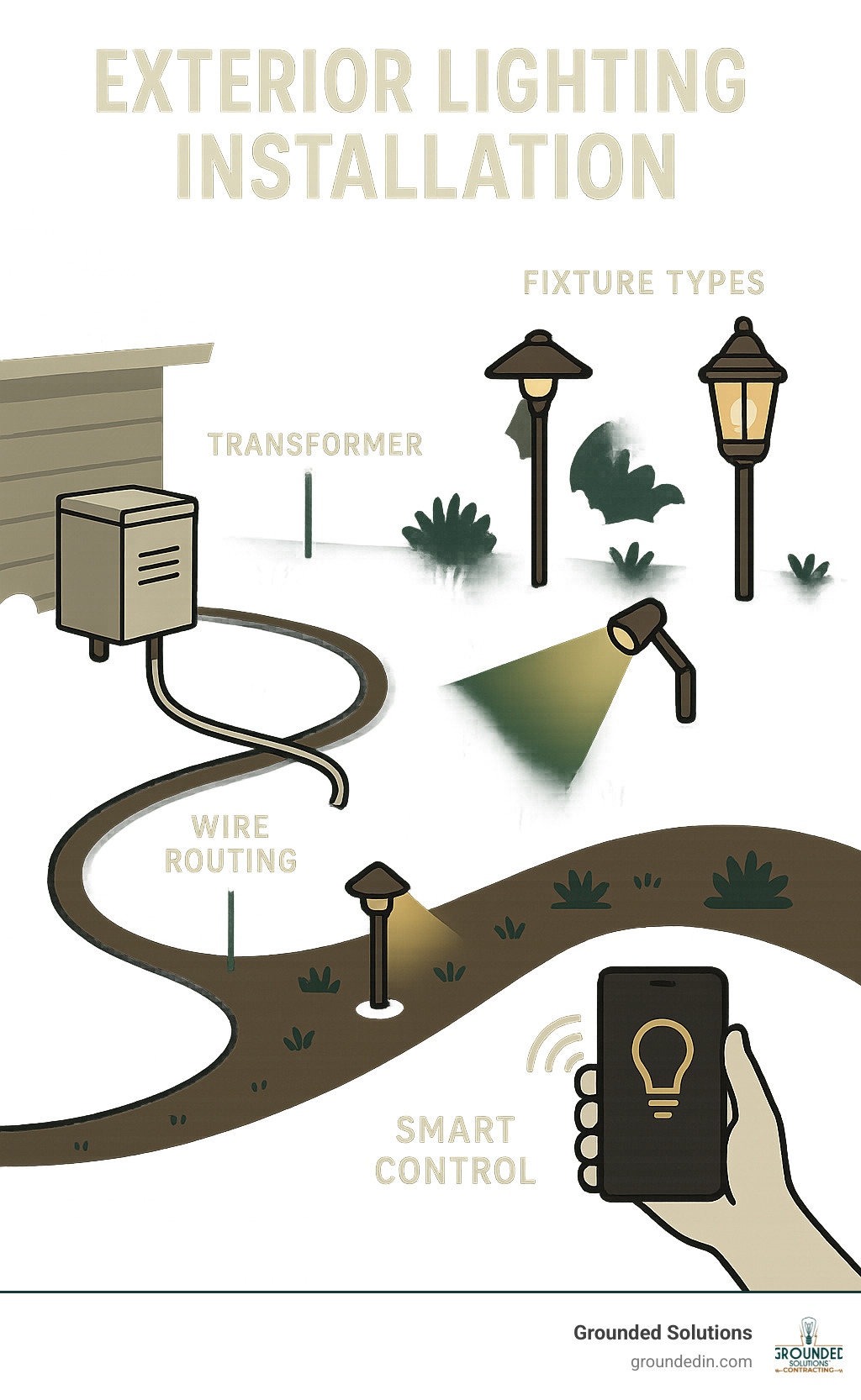 Comprehensive diagram showing exterior lighting installation process including transformer placement, wire routing, fixture types, and smart control options - exterior lighting installation services infographic 