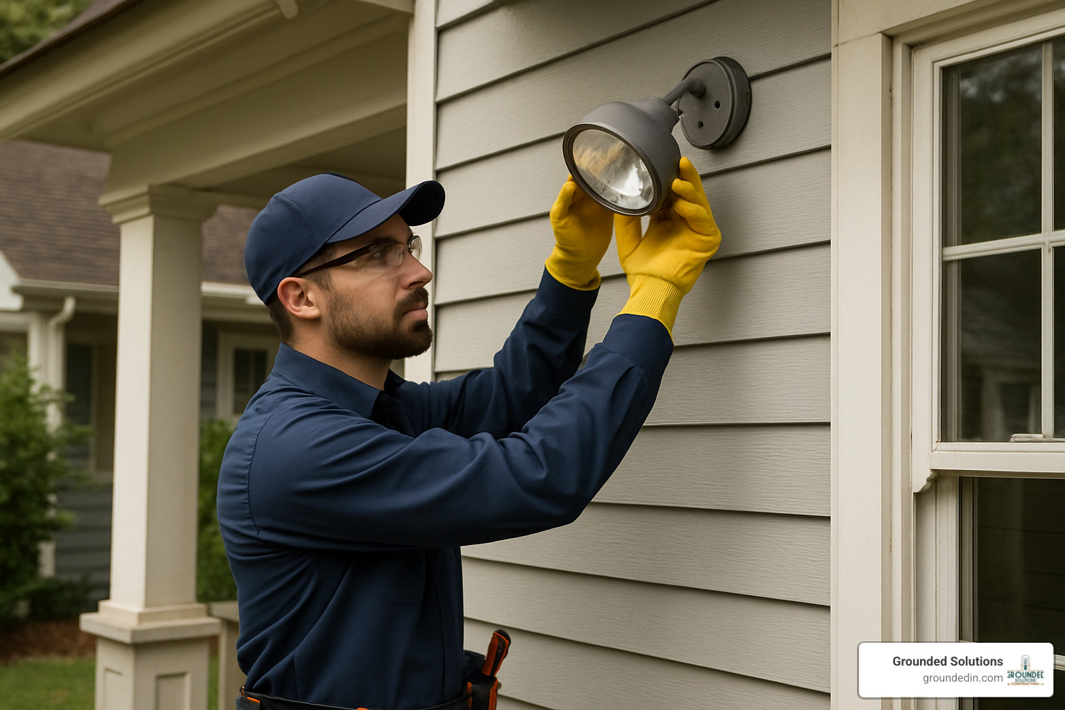 technician adjusting an outdoor spotlight - exterior lighting installation services