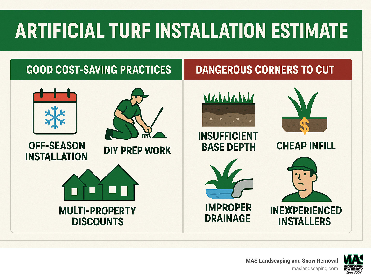 An infographic comparing good cost-saving practices (off-season installation, DIY prep work, multi-property discounts) versus dangerous corners to cut (insufficient base depth, cheap infill, improper drainage, inexperienced installers) - artificial turf installation estimate infographic 