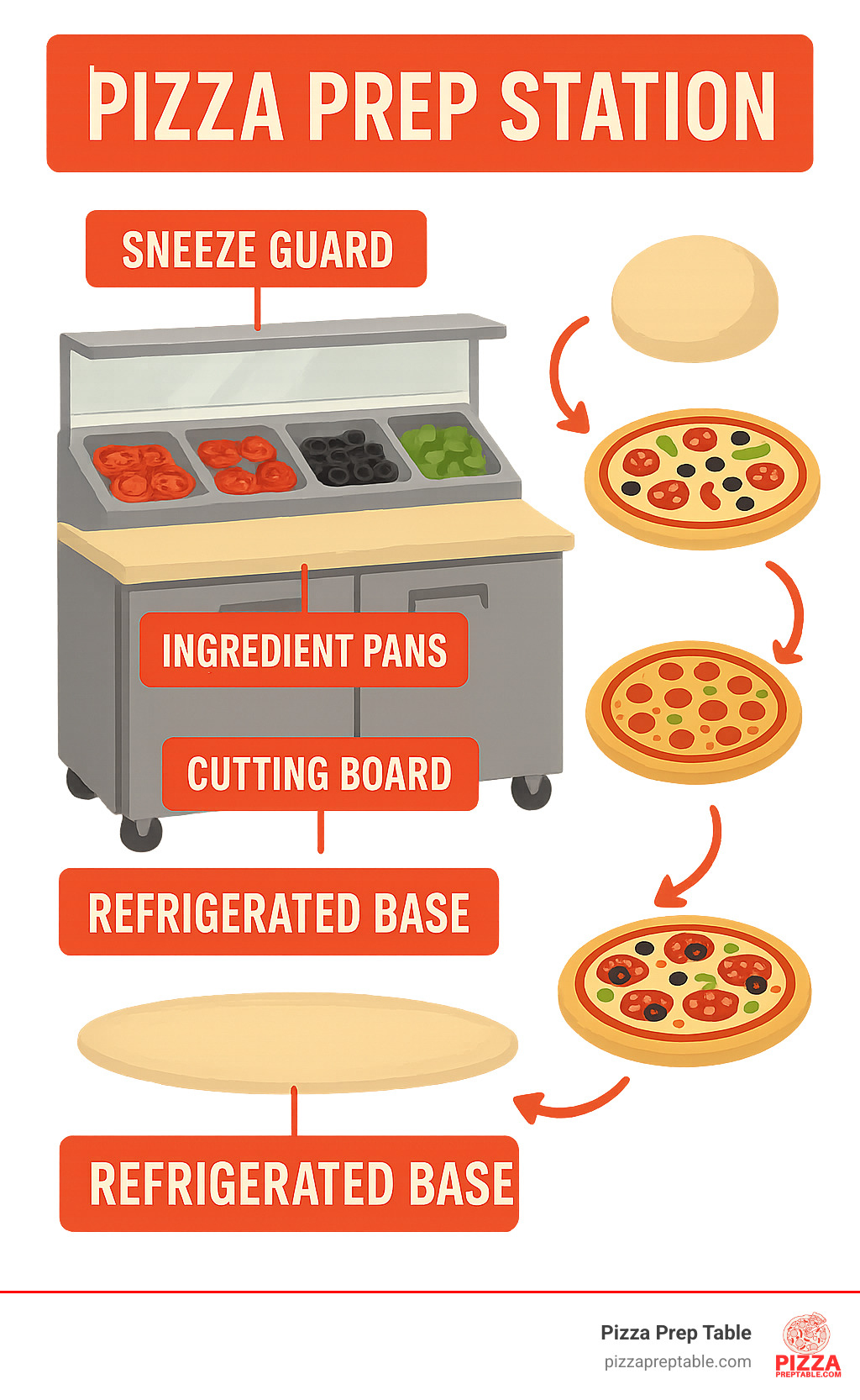 Detailed infographic showing pizza prep station components including refrigerated base, cutting board, ingredient pans, sneeze guard, and workflow pattern with arrows showing assembly direction from dough to finished pizza - pizza prep station infographic 