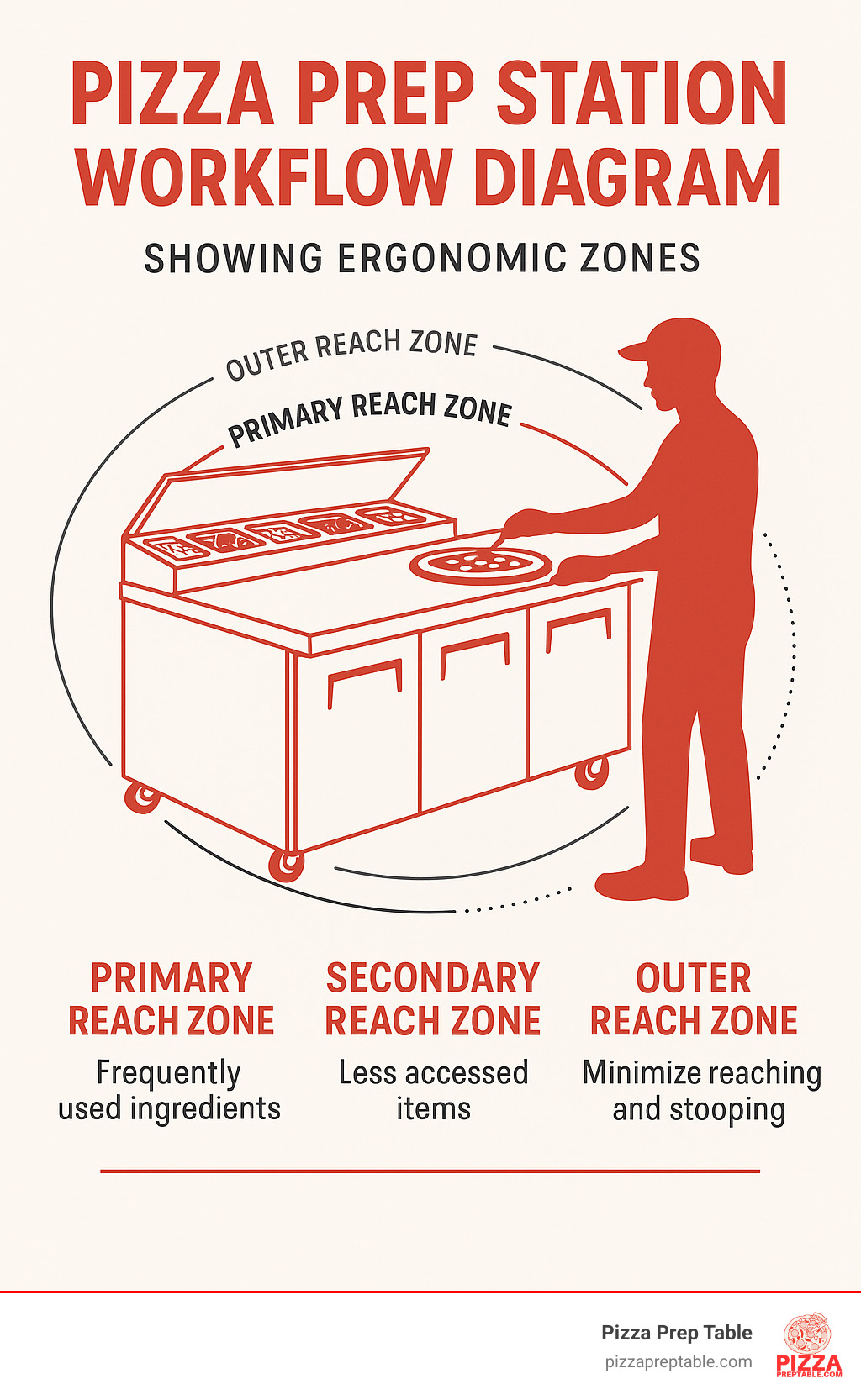 pizza prep station workflow diagram showing ergonomic zones - pizza prep station infographic 