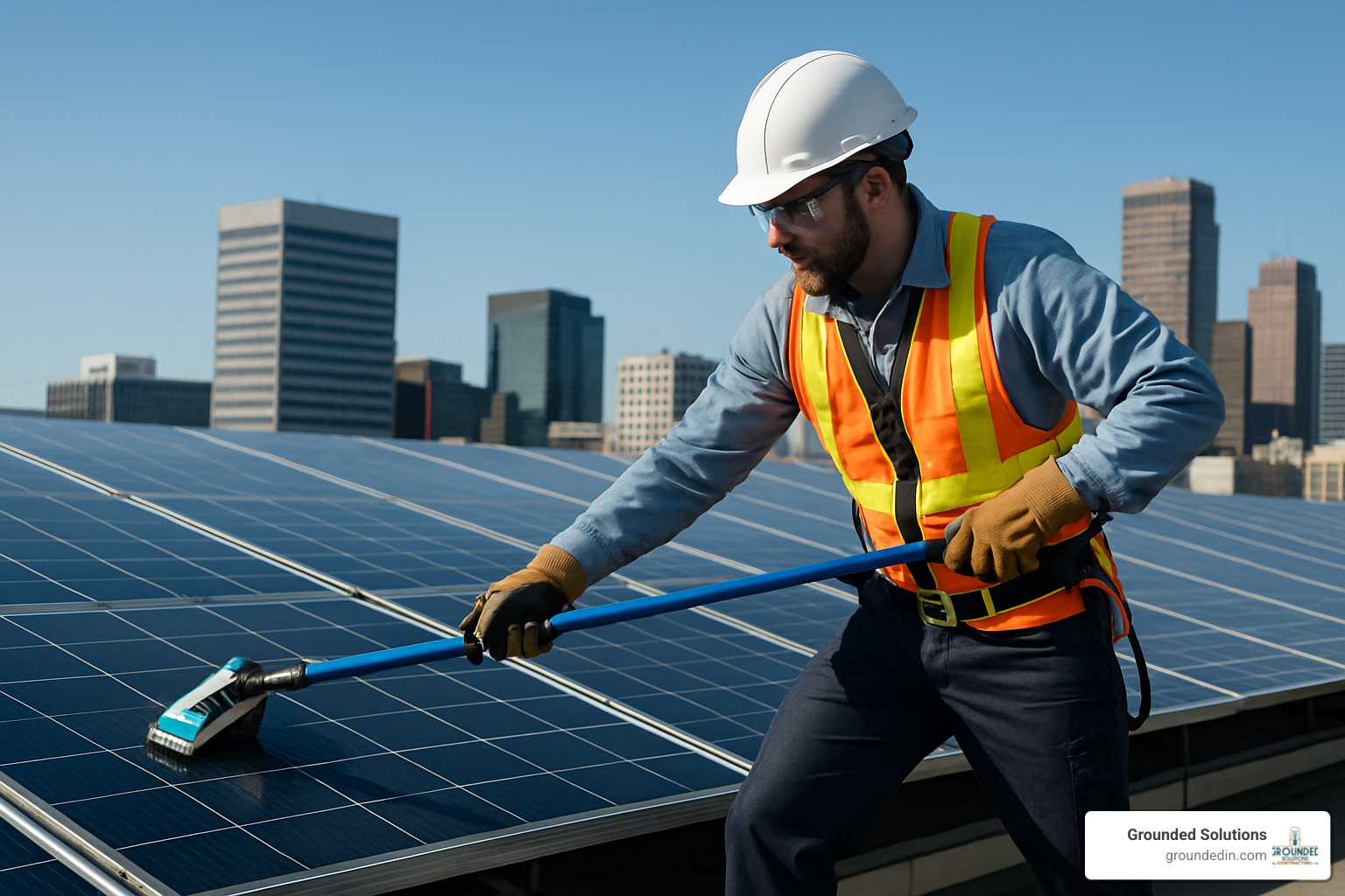 technician cleaning commercial solar panels - commercial solar panel contractors