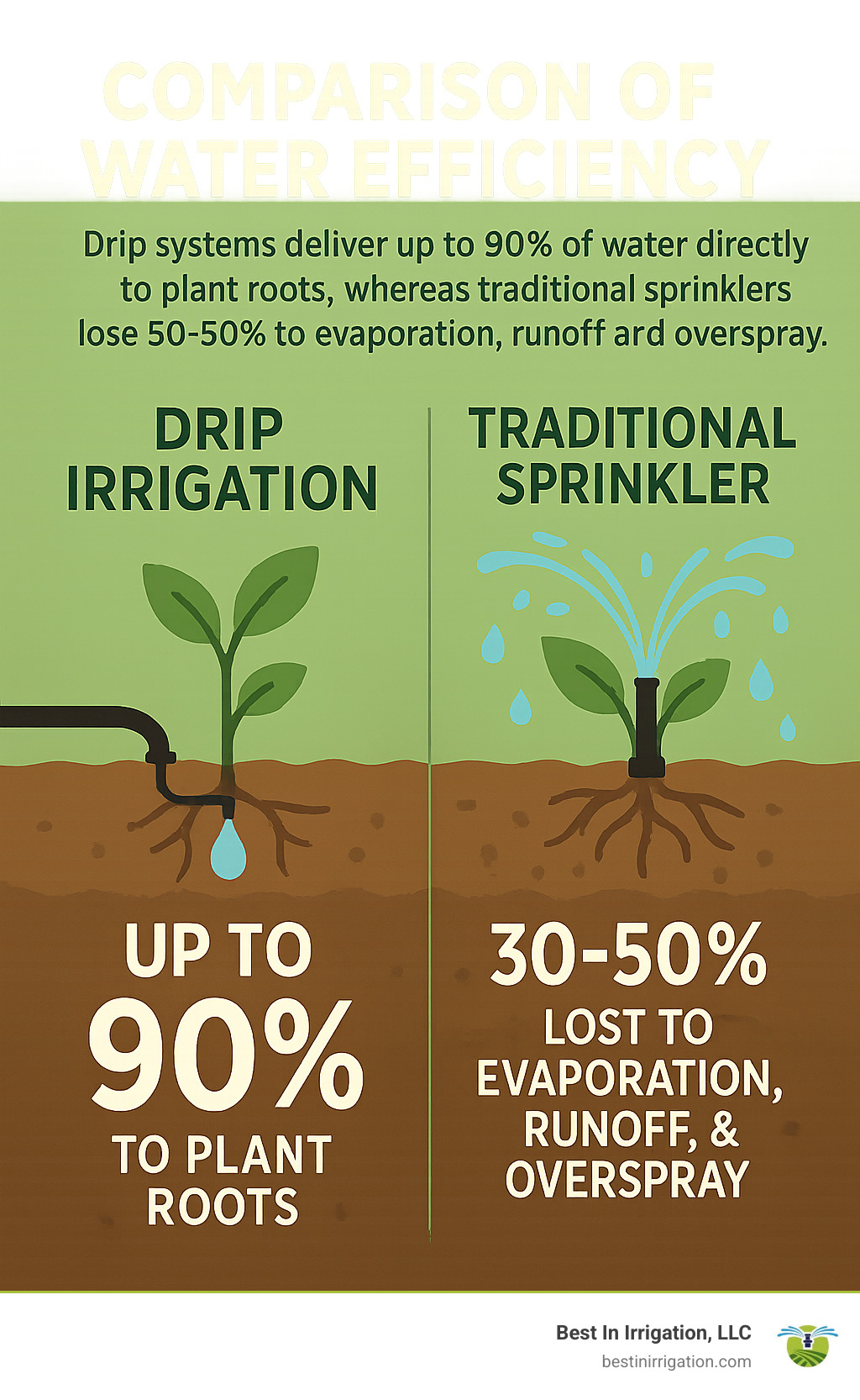 Comparison of water efficiency between drip irrigation and traditional sprinklers, showing drip systems deliver up to 90% of water directly to plant roots while traditional sprinklers lose 30-50% to evaporation, runoff and overspray - water-efficient sprinkler system infographic 