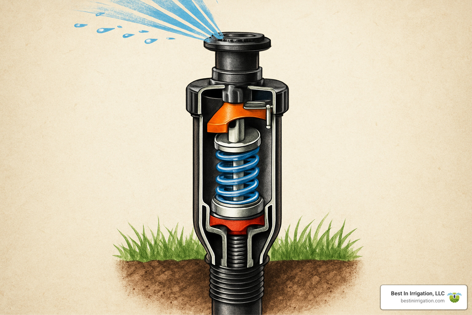 Pressure-regulated pop-up spray head with cutaway showing internal pressure regulator - water-efficient sprinkler system