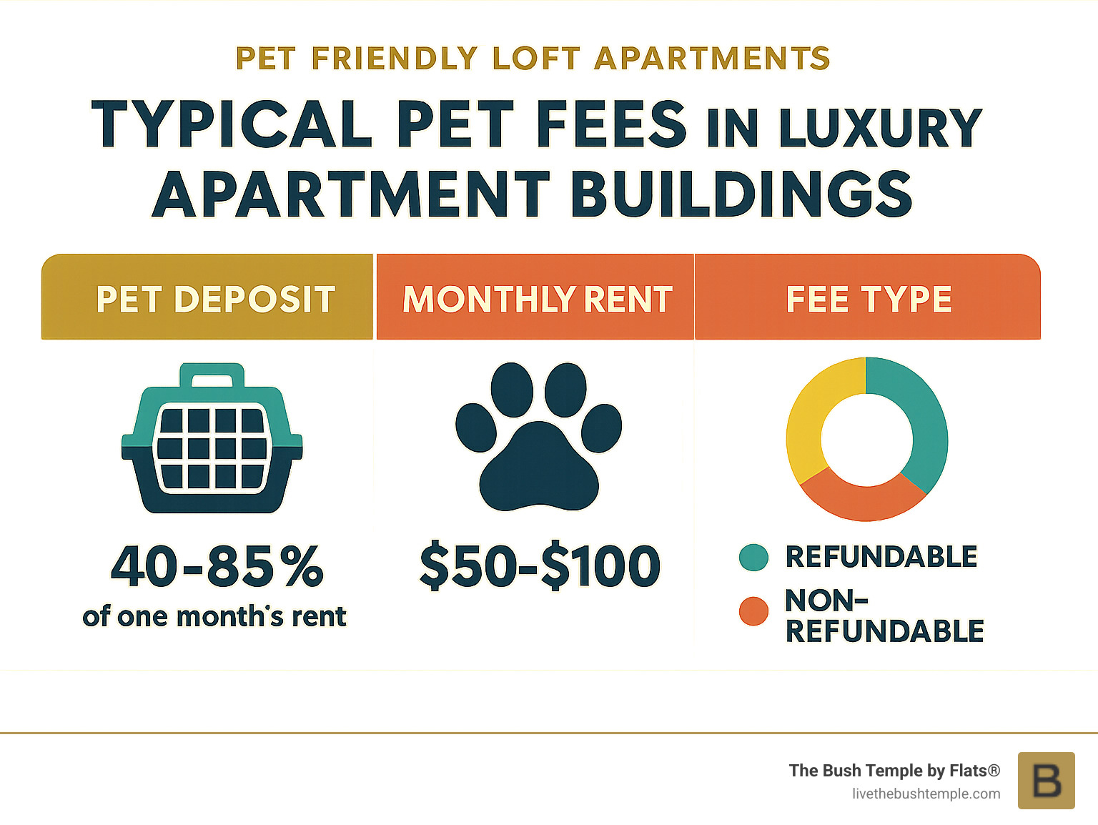 Comparison chart of typical pet fees in luxury apartment buildings showing deposit amounts, monthly rent, and refundable vs non-refundable fees - Pet-friendly loft apartments infographic 