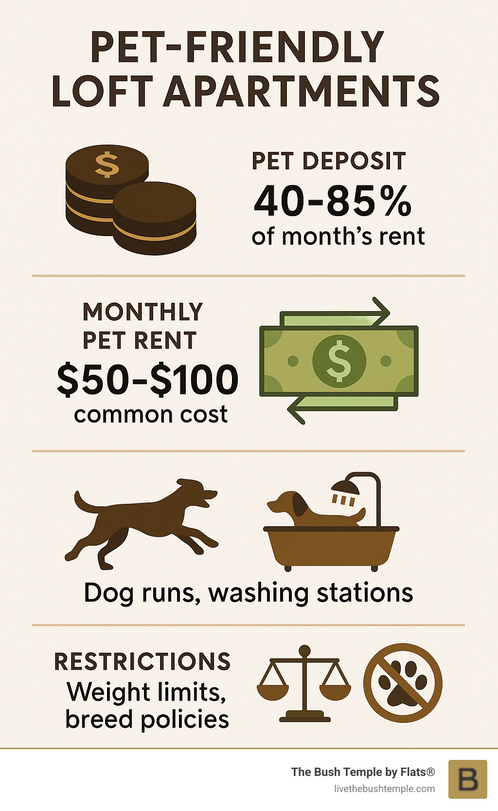 Comparison of pet-friendly loft apartment features including pet deposit ranges, monthly pet rent costs, common amenities like dog runs and washing stations, and typical restrictions such as weight limits and breed policies - Pet-friendly loft apartments infographic 
