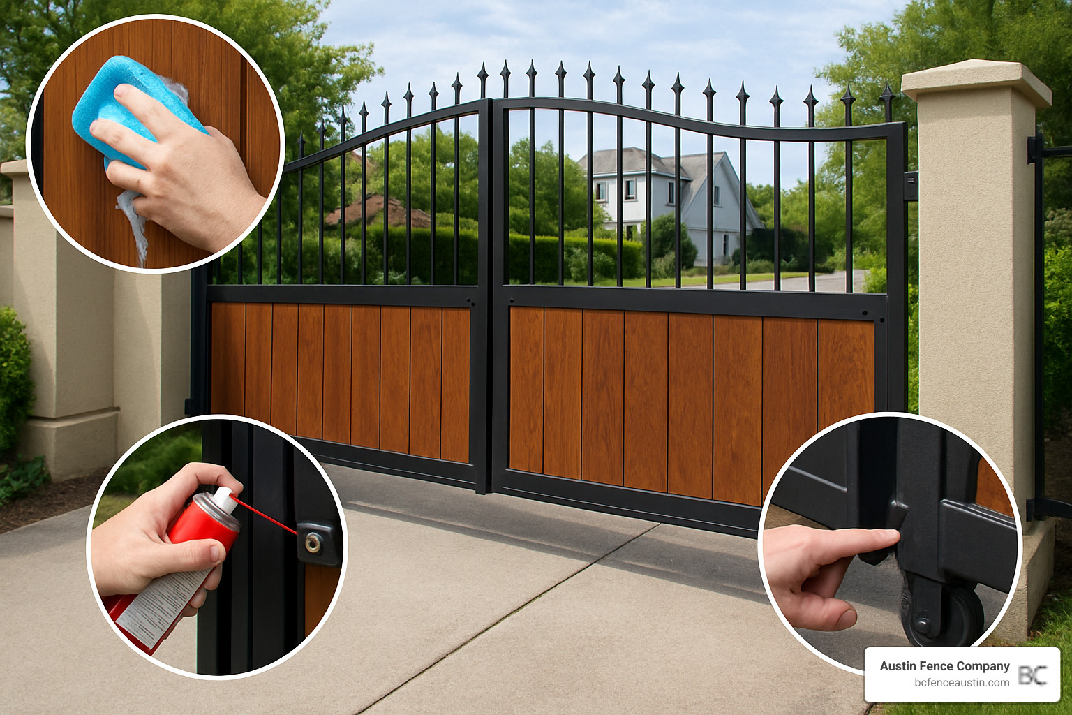 maintenance tips for custom gates showing cleaning, lubrication and inspection points - custom entry gates