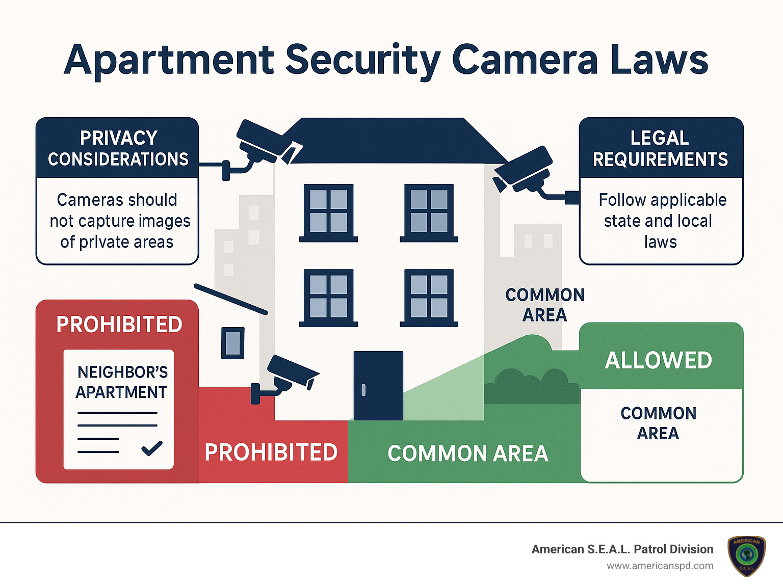 Navigating Apartment Security Camera Laws Without Breaking Rules 7 Detailed infographic showing security camera placement best practices in apartment buildings, highlighting allowed and prohibited zones, with callouts for privacy considerations and legal requirements - Apartment security camera laws infographic