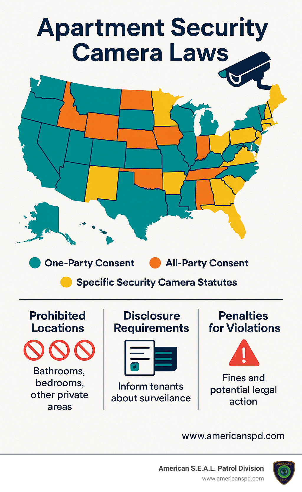 Navigating Apartment Security Camera Laws Without Breaking Rules 1 Detailed infographic showing state-by-state apartment security camera laws with color-coded map highlighting one-party consent states, all-party consent states, and states with specific security camera statutes, including prohibited camera locations, disclosure requirements, and penalties for violations - Apartment security camera laws infographic
