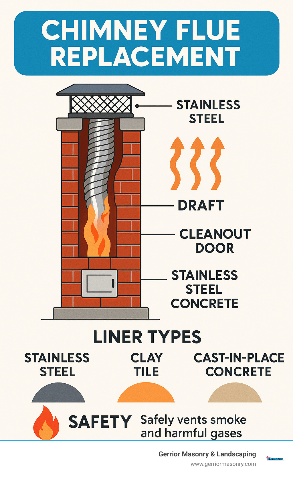 Upgrade Your Chimney with These Chimney Flue Replacement Picks 1 Diagram showing chimney flue components including liner types, draft patterns, and safety features with comparison of stainless steel, clay tile, and cast-in-place concrete options - chimney flue replacement infographic