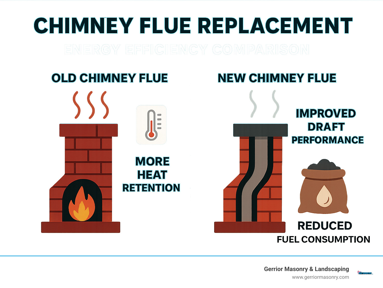 Upgrade Your Chimney with These Chimney Flue Replacement Picks 6 Energy efficiency comparison between old and new chimney flue systems showing heat retention, draft performance, and fuel consumption improvements - chimney flue replacement infographic