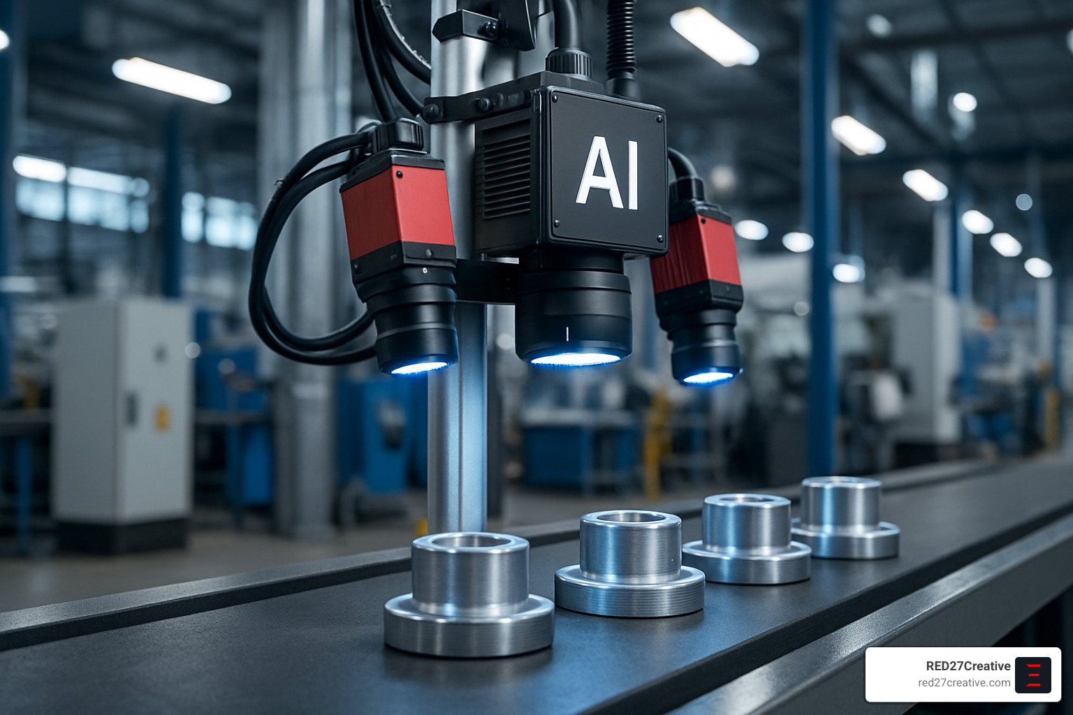 Manufacturing Smarter, Not Harder – Advanced Tech You Need • Advanced manufacturing technologies • RED27Creative AI-powered machine vision system inspecting manufactured parts - Advanced manufacturing technologies