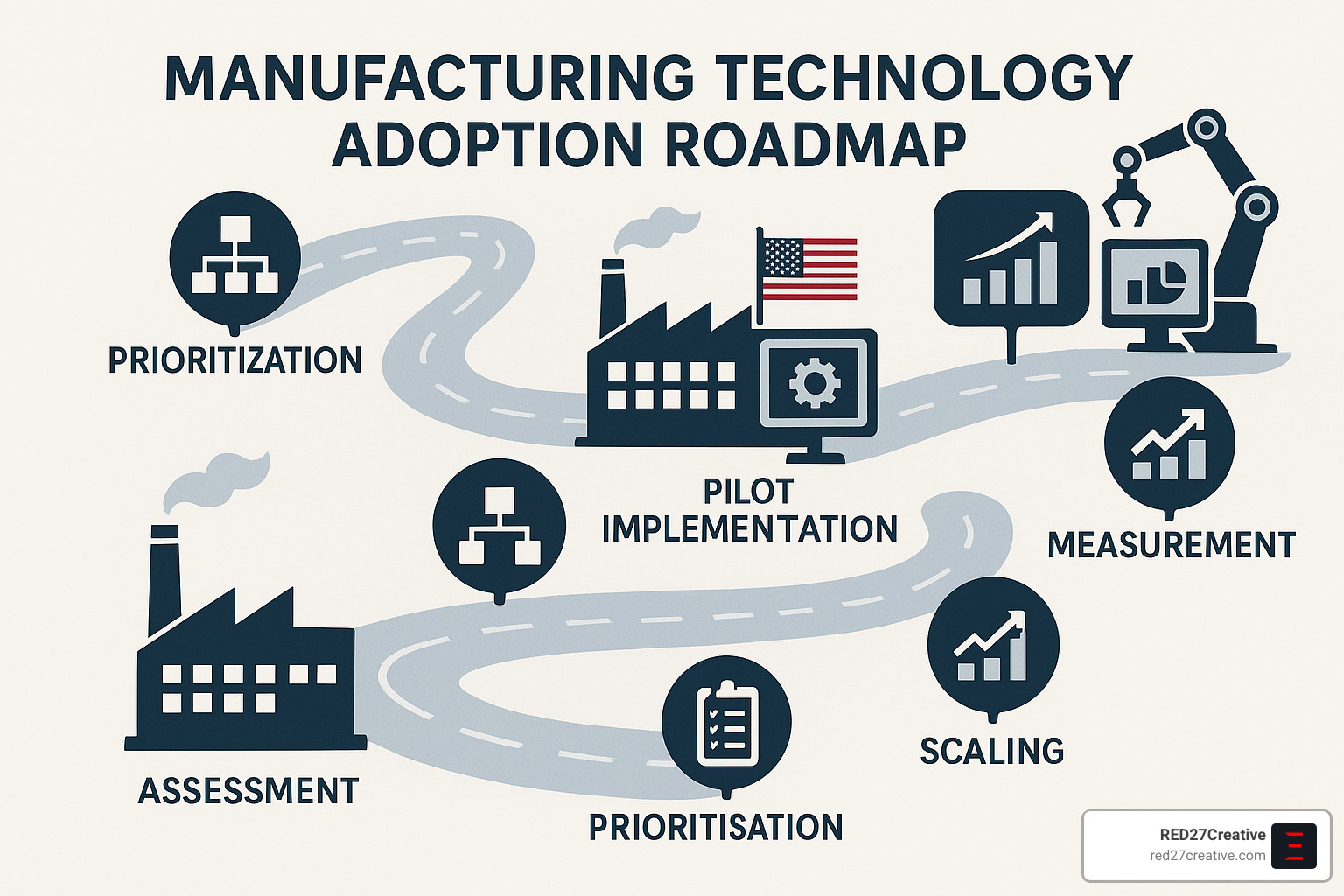Manufacturing Smarter, Not Harder – Advanced Tech You Need • Advanced manufacturing technologies • RED27Creative Manufacturing technology adoption roadmap showing implementation stages - Advanced manufacturing technologies