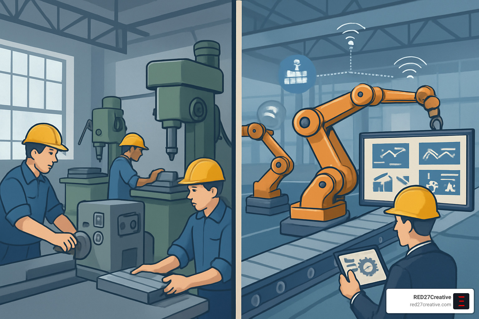 Manufacturing Smarter, Not Harder – Advanced Tech You Need • Advanced manufacturing technologies • RED27Creative Comparison of traditional vs advanced manufacturing showing smart factory with connected systems - Advanced manufacturing technologies