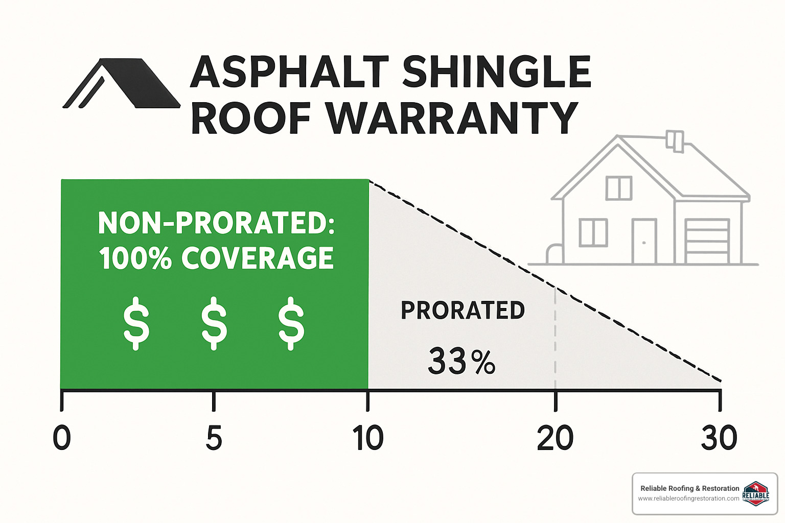 Timeline showing how warranty coverage decreases over time with prorated calculations - Asphalt shingle roof warranty