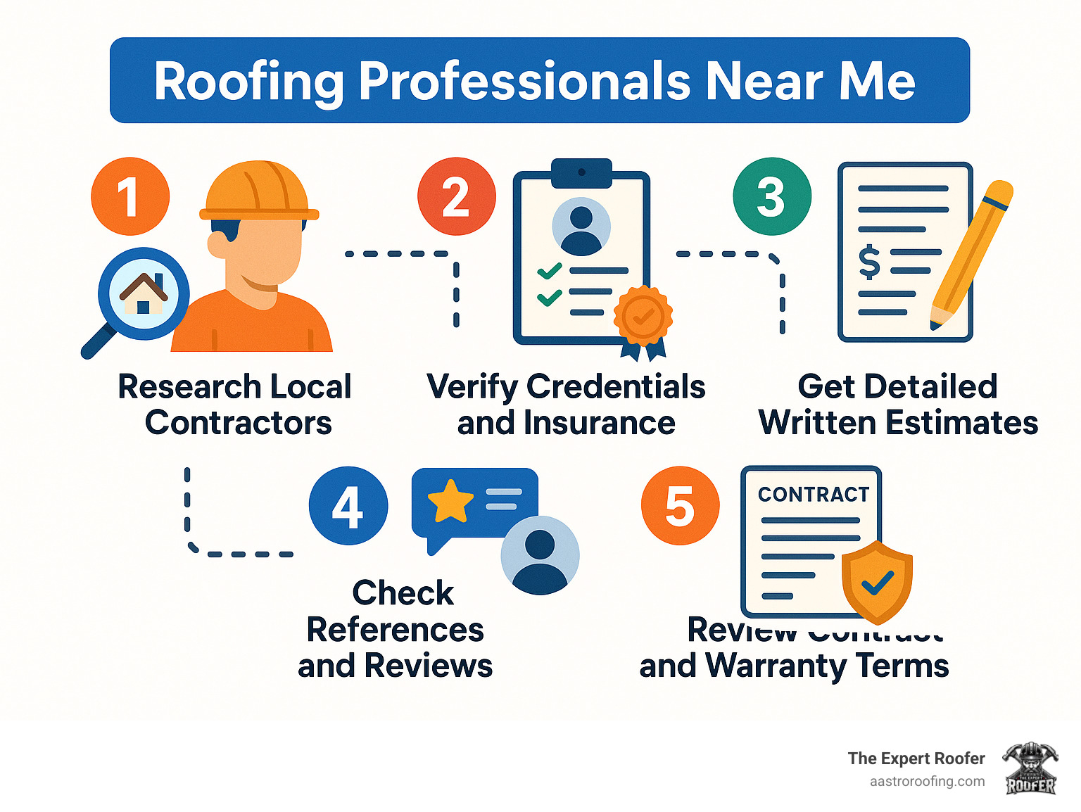 5-step process for hiring roofing professionals showing: 1) Research local contractors, 2) Verify credentials and insurance, 3) Get detailed written estimates, 4) Check references and reviews, 5) Review contract and warranty terms - Roofing professionals near me infographic 
