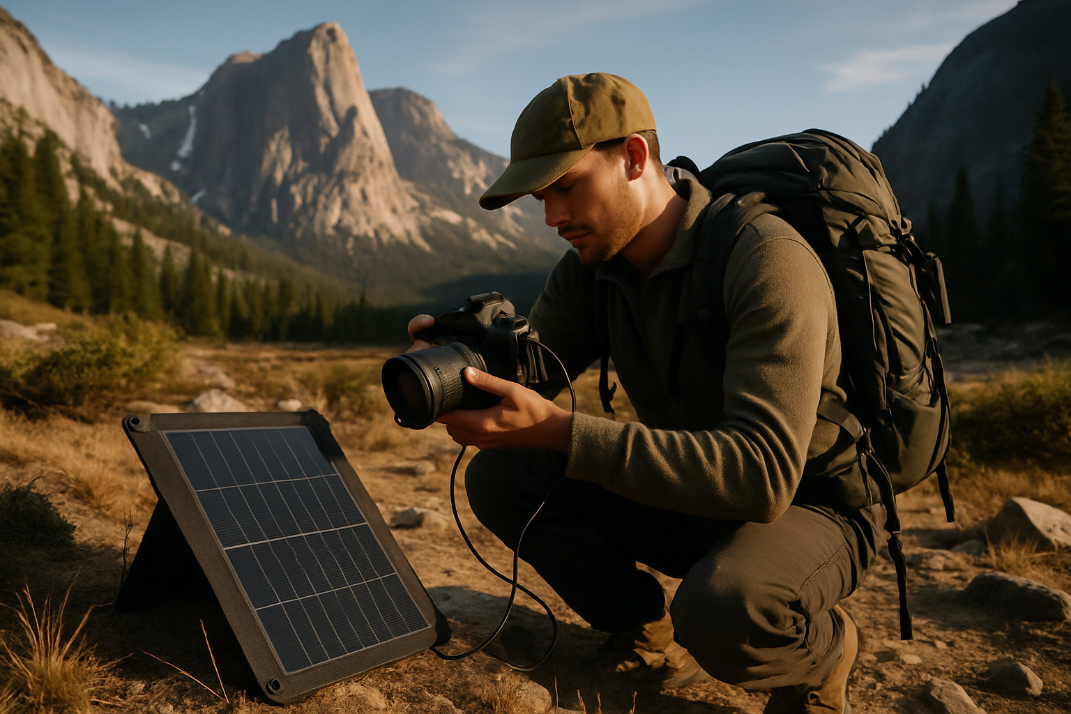 Photographer using solar charger in remote location - Green travel photography