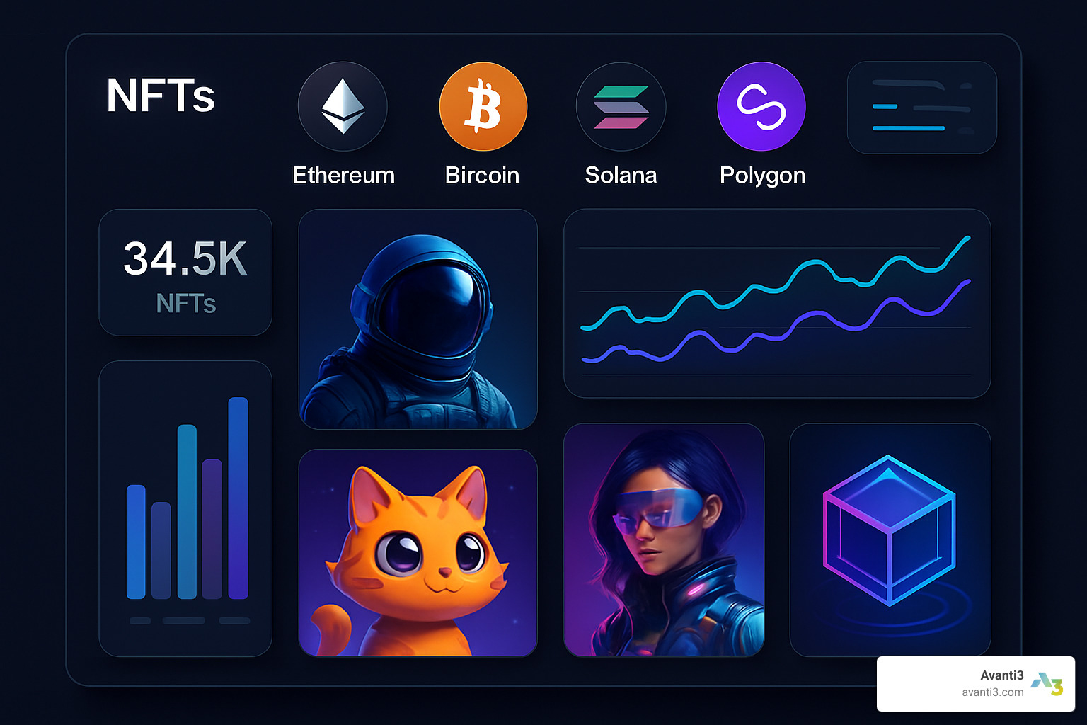 multi-chain NFT marketplace dashboard showing different blockchain networks - NFT market development