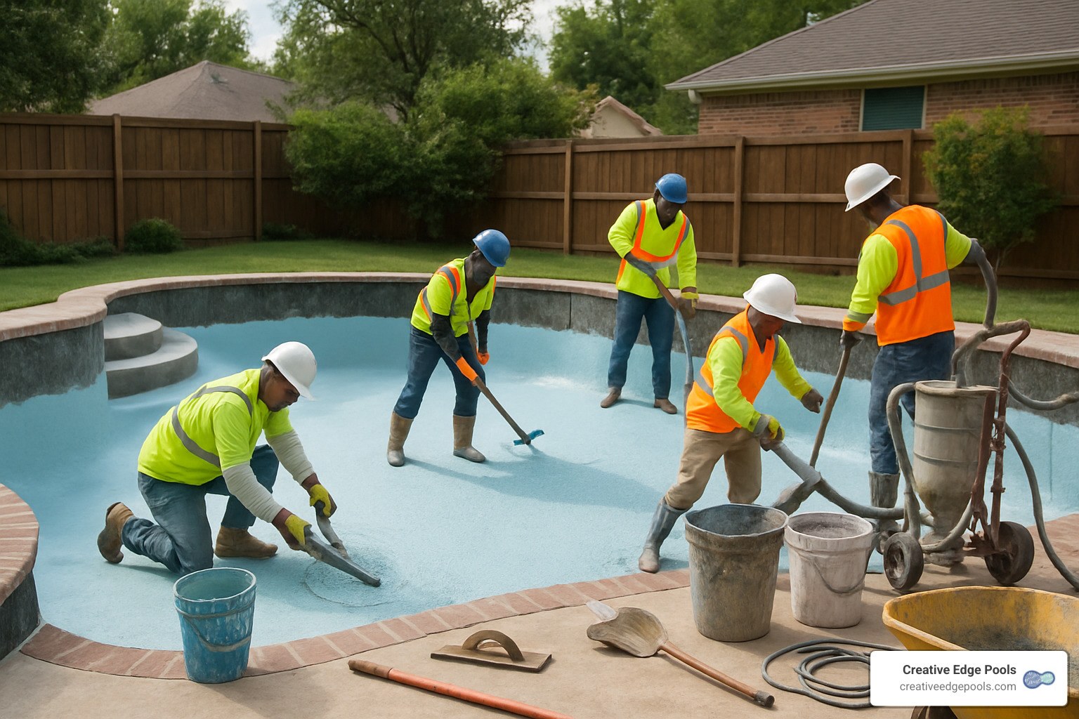 Workers applying new finish to gunite pool - gunite pool refinishing cost