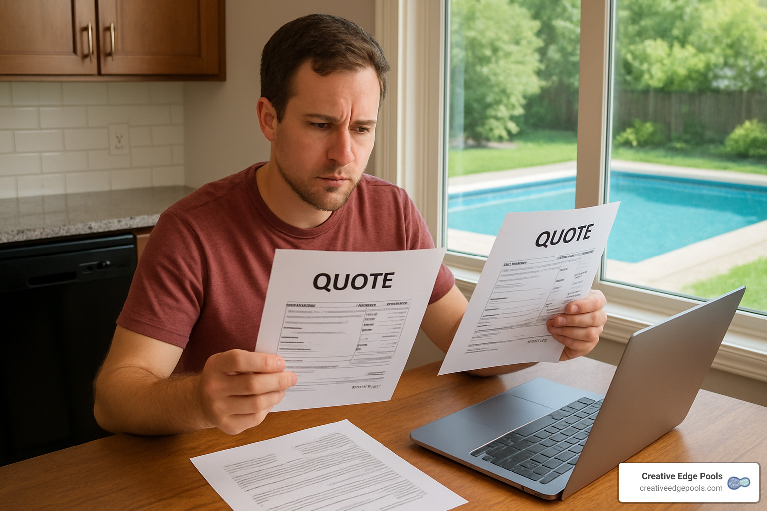 Homeowner comparing professional quotes for gunite pool refinishing - gunite pool refinishing cost