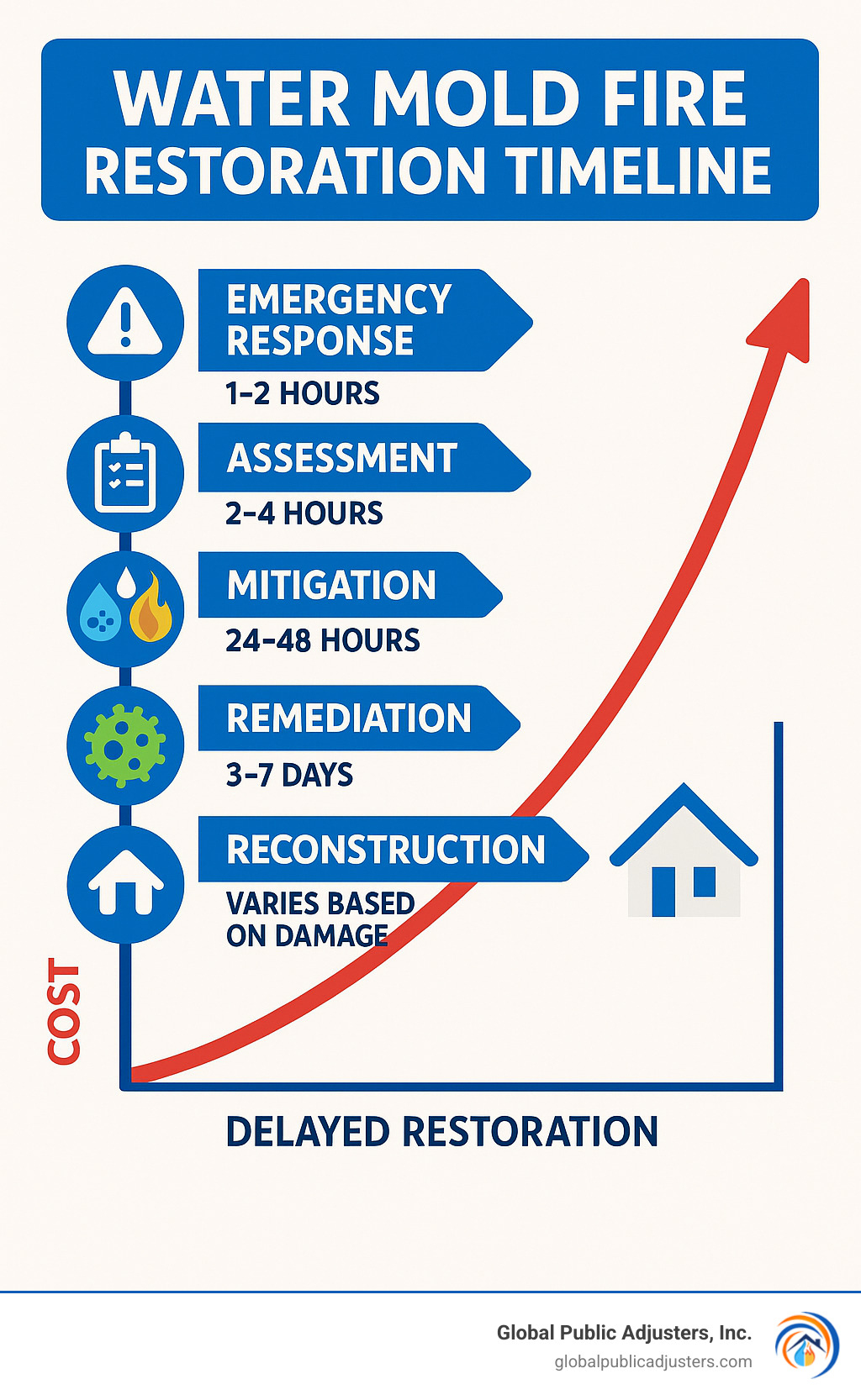 Water, mold and fire restoration timeline showing response phases: emergency response (1-2 hours), assessment (2-4 hours), mitigation (24-48 hours), remediation (3-7 days), and reconstruction (varies based on damage), with corresponding costs increasing exponentially the longer restoration is delayed - water mold fire restoration infographic 