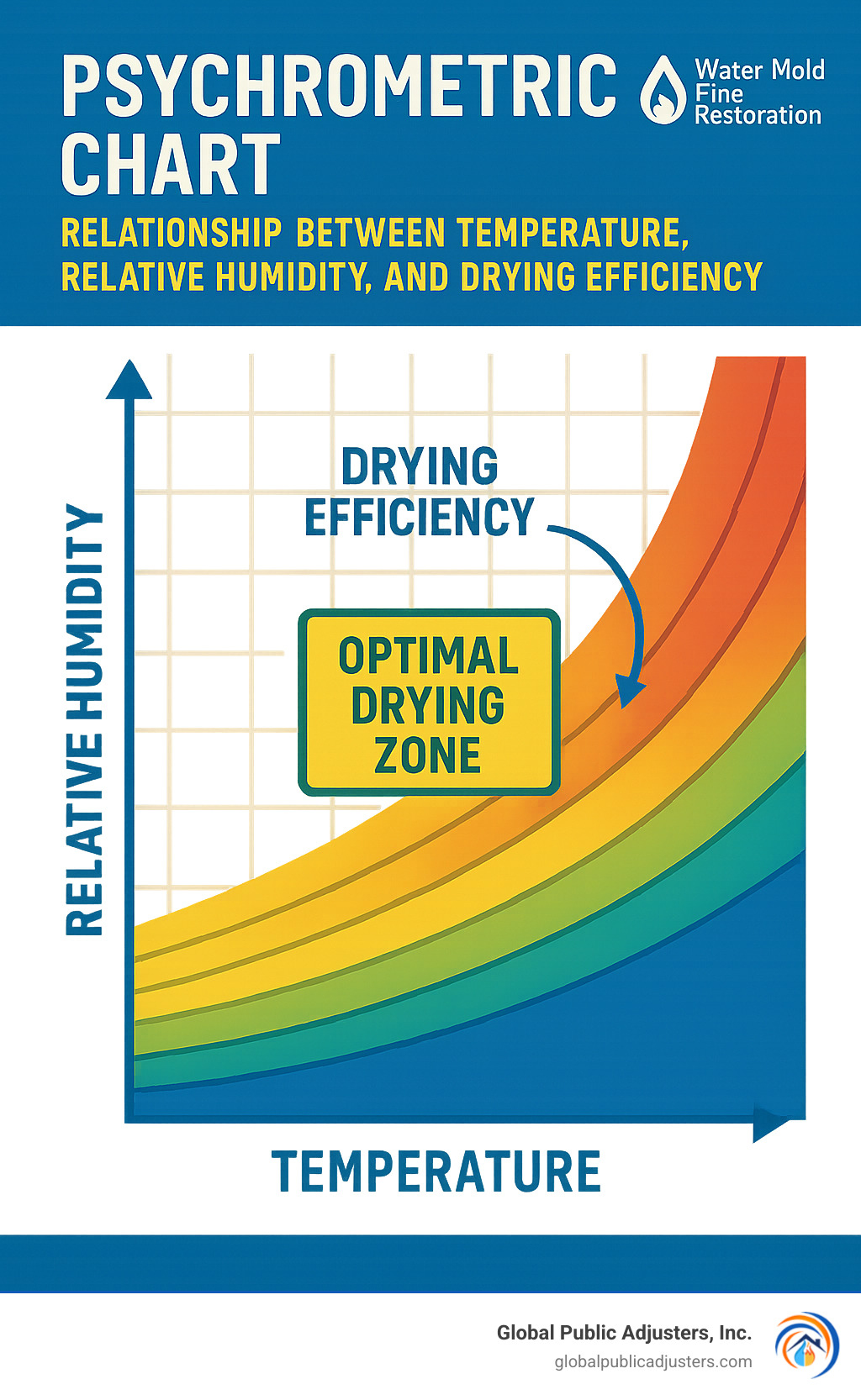 Psychrometric chart showing the relationship between temperature, relative humidity, and drying efficiency with optimal drying zone highlighted - water mold fire restoration infographic 