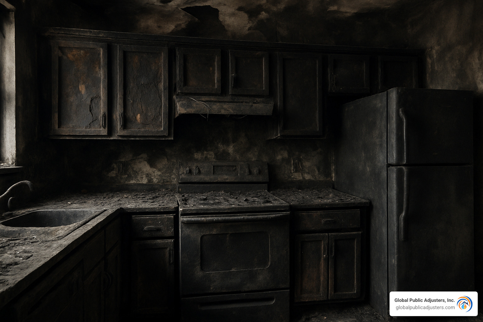 kitchen with severe fire and smoke damage - water mold fire restoration
