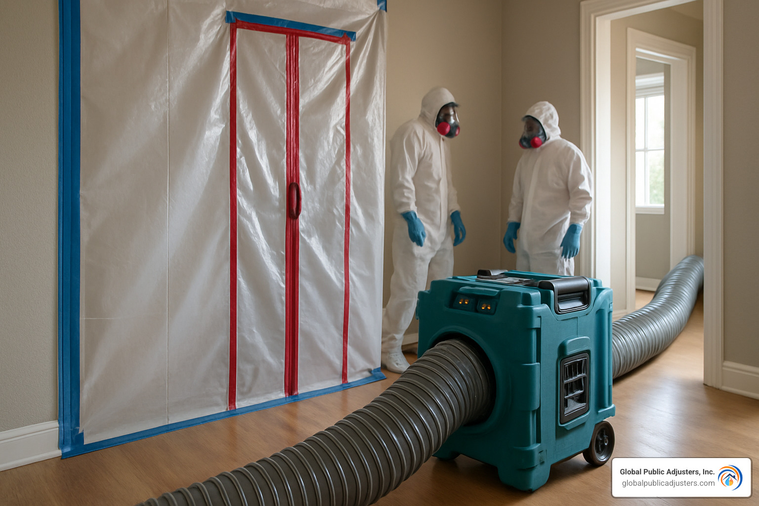 mold remediation containment setup with negative air pressure machine - water mold fire restoration