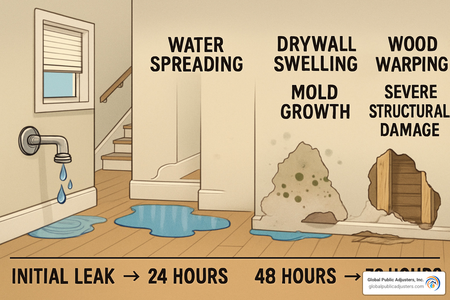timeline showing water damage progression from initial leak to severe structural damage - water mold fire restoration